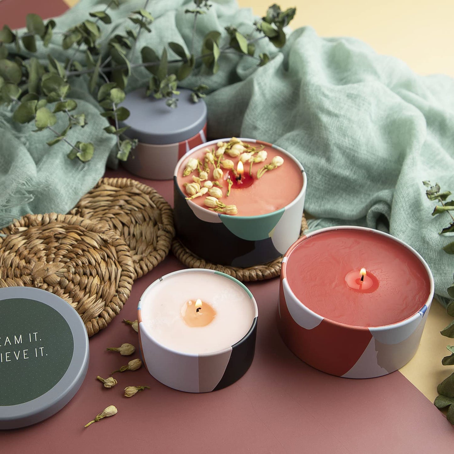 Hearth & Harbor Tin Candle Jars for Making Candles - DIY Candle Containers with Lids - Metal Candle Jars - Bulk Tins Storage for Candle (12, Artistic Floral)