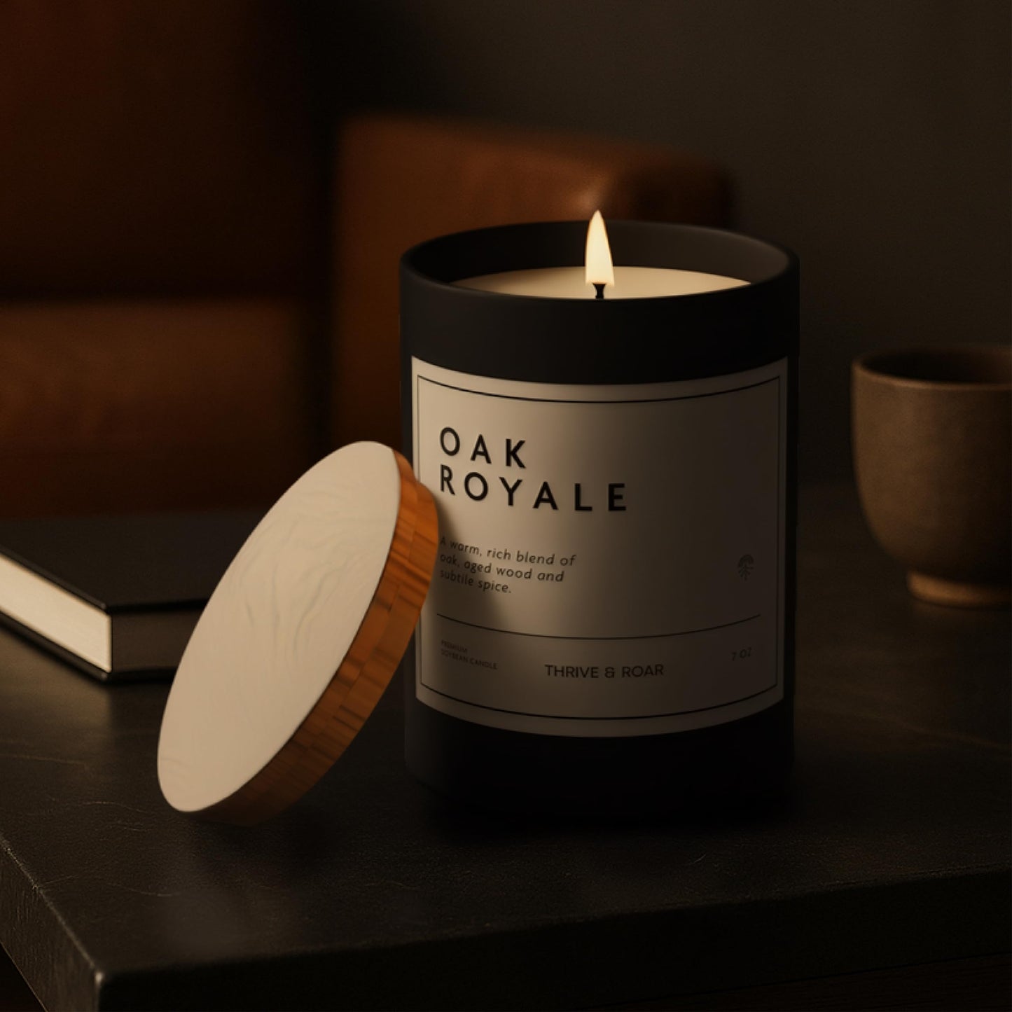 Thrive & Roar - Oak Royale Premium Scented Candle for Men – 7oz Long Lasting, Soy Wax Aromatherapy Candle for Home Scented, Masculine Aroma, Office Decor, Man Cave Decor, Men's Gift