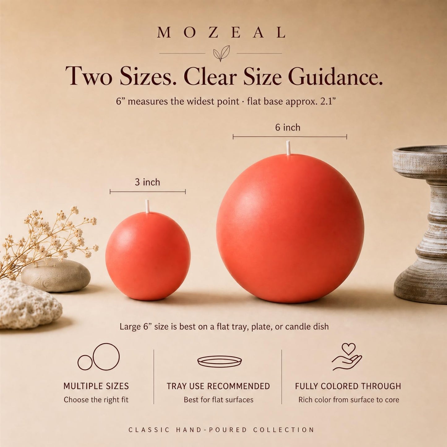MOZEAL Hand-Poured, 6 Inch Living Coral Large Round Ball Candles - Elegant Living Coral Round Pillar Candles, Dripless, Unscented, Smokeless, Ideal for Summer Parties.