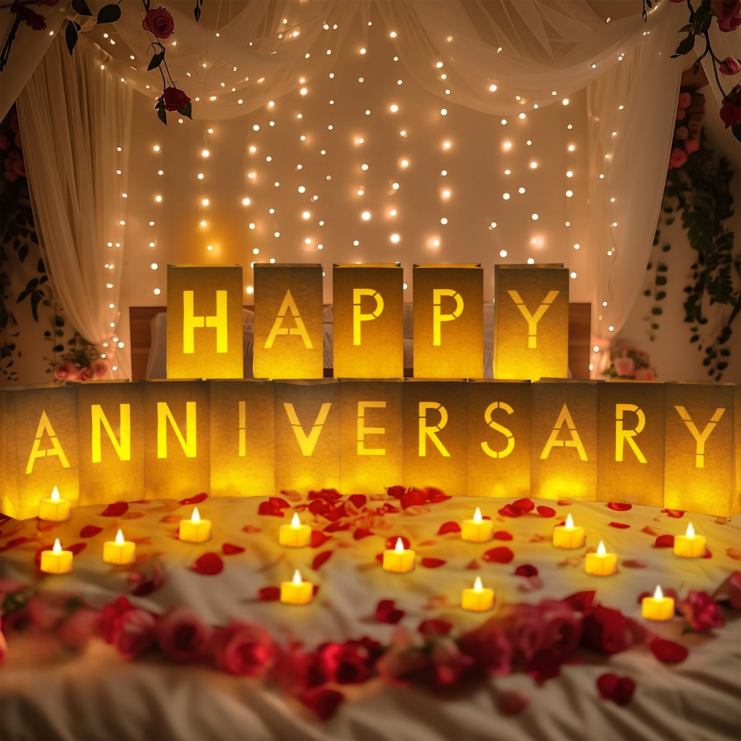 Homemory Happy Anniversary Decoration Light Up Letters with Flameless Candles and 2000 Fake Rose Petals, Valentine's Day Luminary Bags Happy Anniversary Banner Sign Romantic Party Decor for Wedding