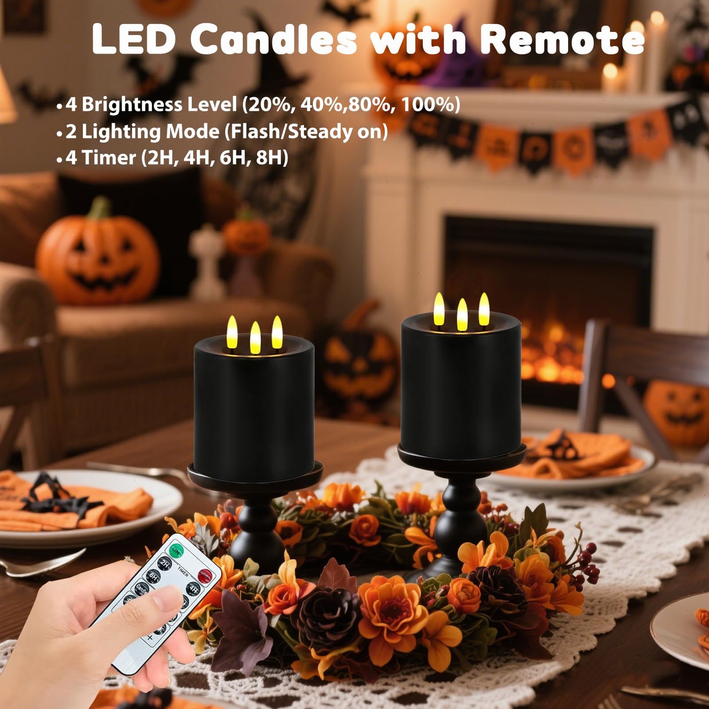 Large 3 Wick Flameless Candles, 4"x4" Flickering LED Candles with Remote & Timer, Dimmable Real Wax Electric Pillar Candles Battery Operated, Black Candles Light for Home Halloween Decor (Black)
