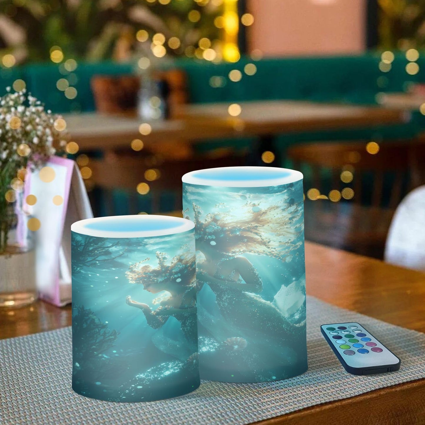 panksolu Flickering Flameless Candles, Underwater Mermaid LED Candles with Remote Timer, Battery Operated Candle for Valentine Wedding Halloween Christmas Decor - Set of 2