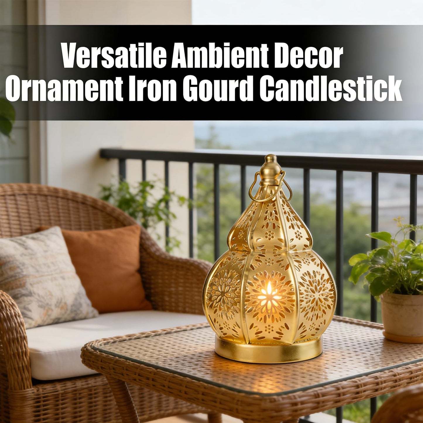 1pcs Iron Gourd Hollow Candle Holder Projection Ambient Decor for Home Garden Courtyard Decorative Ornament (Gold)