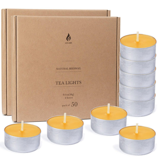 100-Pack Pure Beeswax Tealight Candles in Aluminum Cups - 4-5 Hour Burn Time, Lead-Free Cotton Wick, Natural Unscented Candles