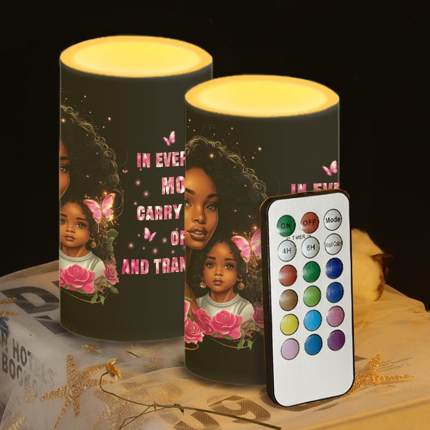Luarisgur Gift for Mom Battery Powered Candles with Remote and Timer African Mother Daughter Decorations LED Flameless Flickering Candles for Indoor Gifts Holiday Decor Home Party Festival Set of 2