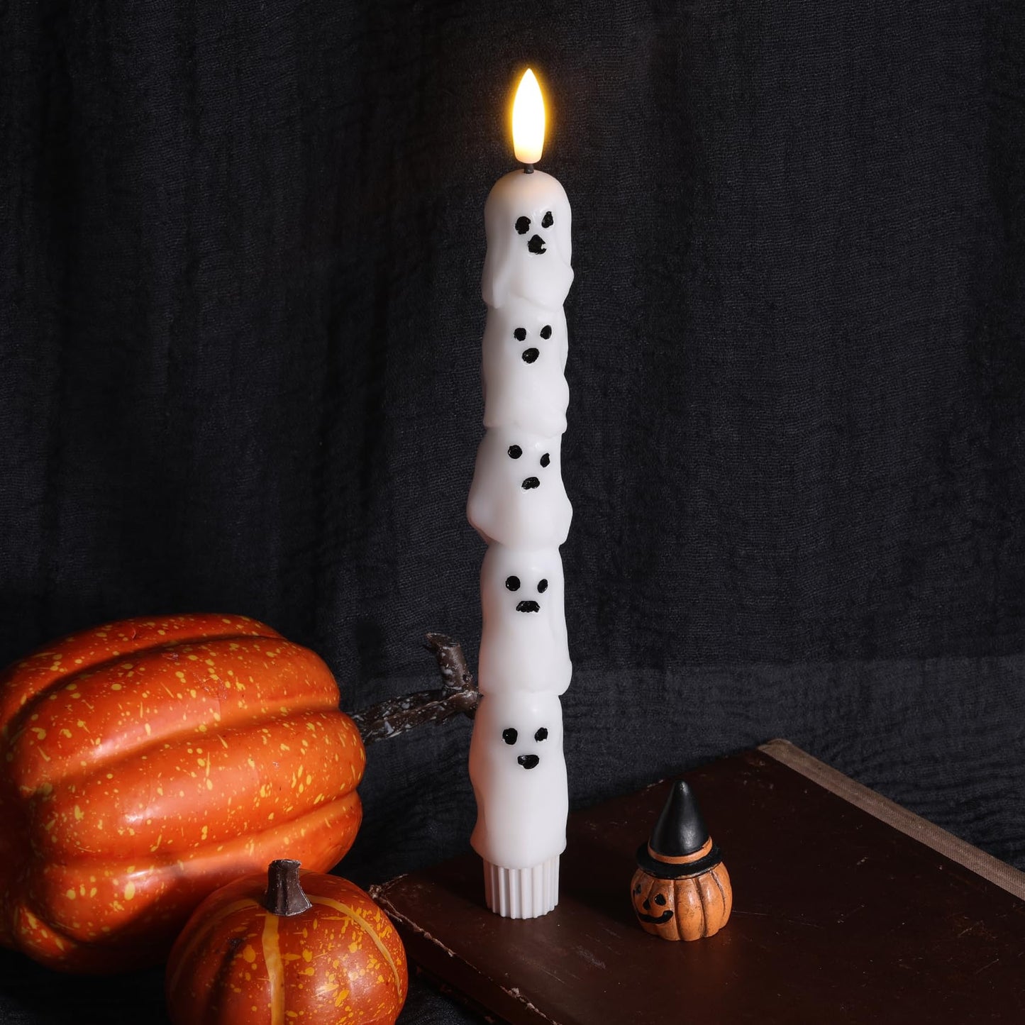 Eywamage Halloween Flameless Taper Candles with Remote, White Ghost LED Candlesticks Battery Operated Flickering Real Wax Set of 2