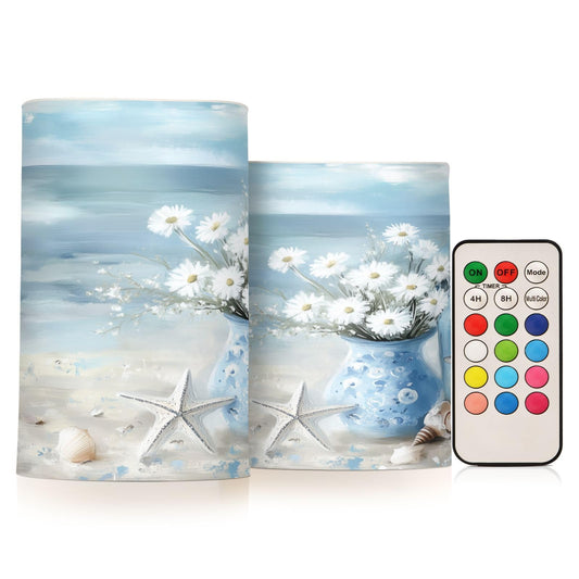 WEVIBOFU Ocean Beach Seascape Vase Starfish Shell Flickering Flameless Candles LED Battery Operated with Remote Timer Pillar Candles for Home Birthday Wedding Christmas Decor, Set of 2
