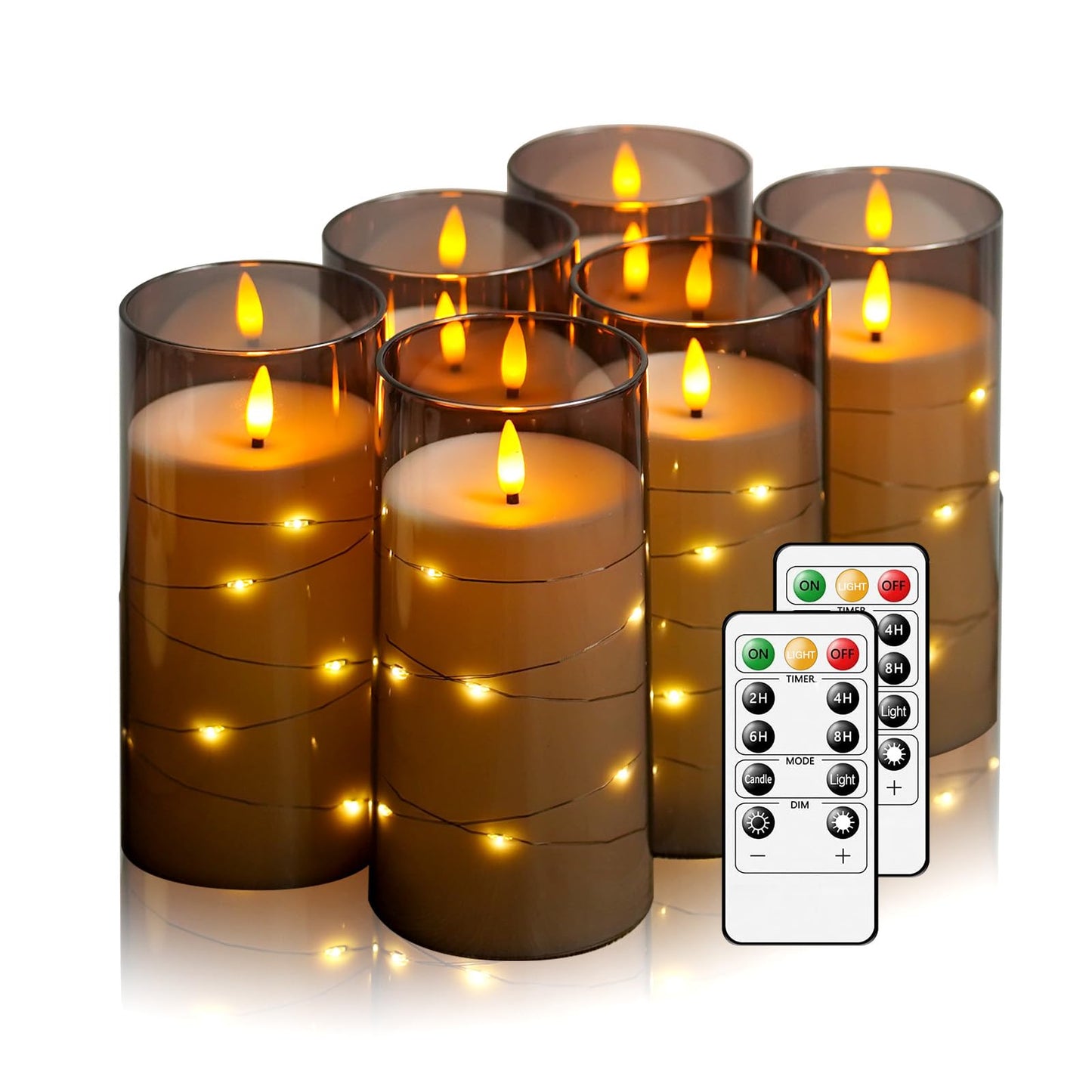 Flickering Flameless Candles with Remote Timer, 6pcs LED Battery Operated Candles with Embedded String Lights Grey, D3 H6