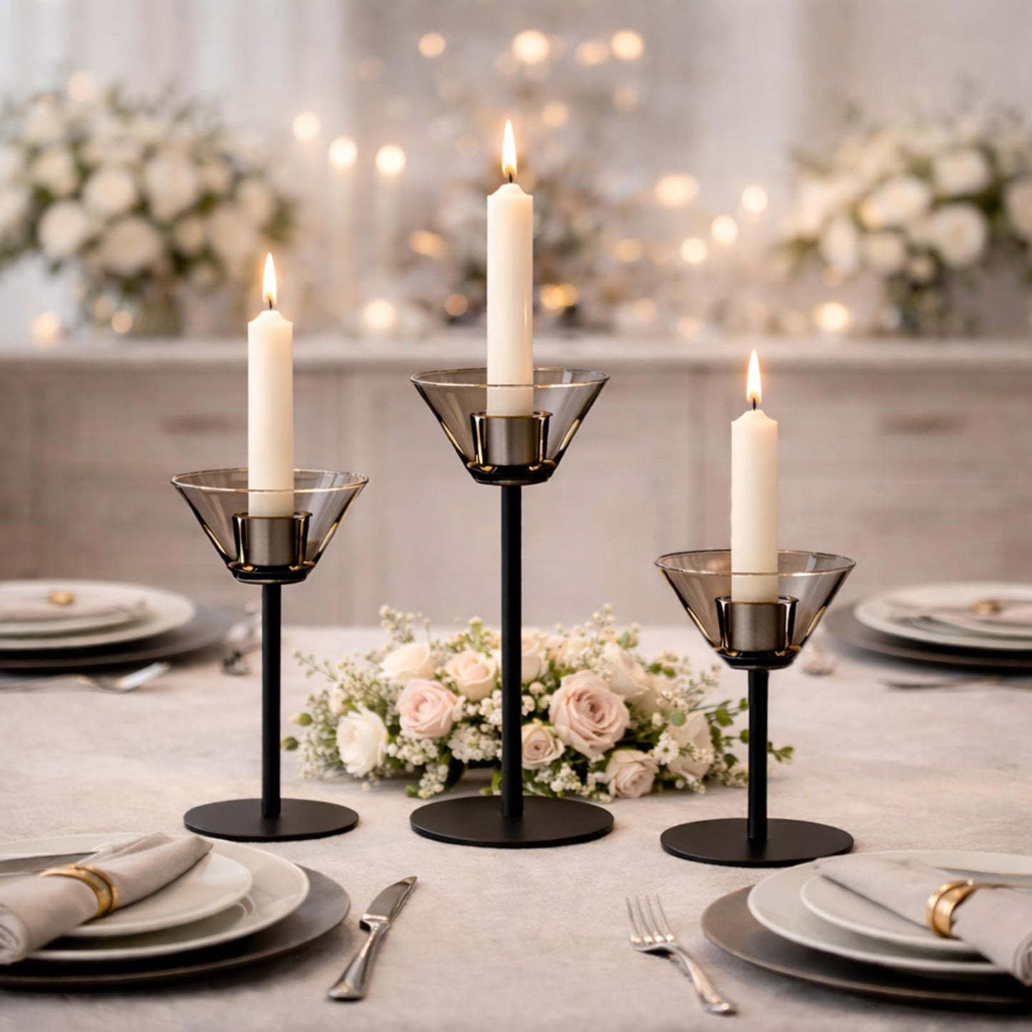 Smytle Smoke‑Gray Candlestick Holders, Set of 3 Smoked Glass Candleholder Sets with Weighted Metal Base, Modern Minimalist Taper Candle Holders for Fireplace Mantel and Table Decor