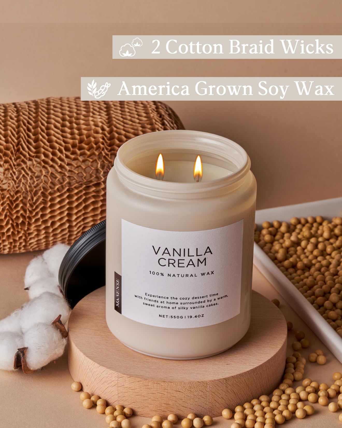 M&SENSE Large Vanilla Scented Candles for Home, 19.4oz Organic Soy Wax, 110-Hour Long Lasting Burning, Natural Candles Non Toxic, Cozy Smelling for Stress Relief, Housewarming Gift for Family