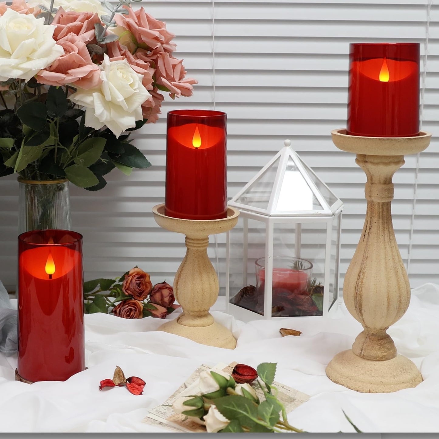 NURADA Flameless Candles with Remote Timer: 3D Wick Battery Operated Led Pillar Candle Fake Candles Set for Wedding Birthday Halloween Christmas Decorations - Red