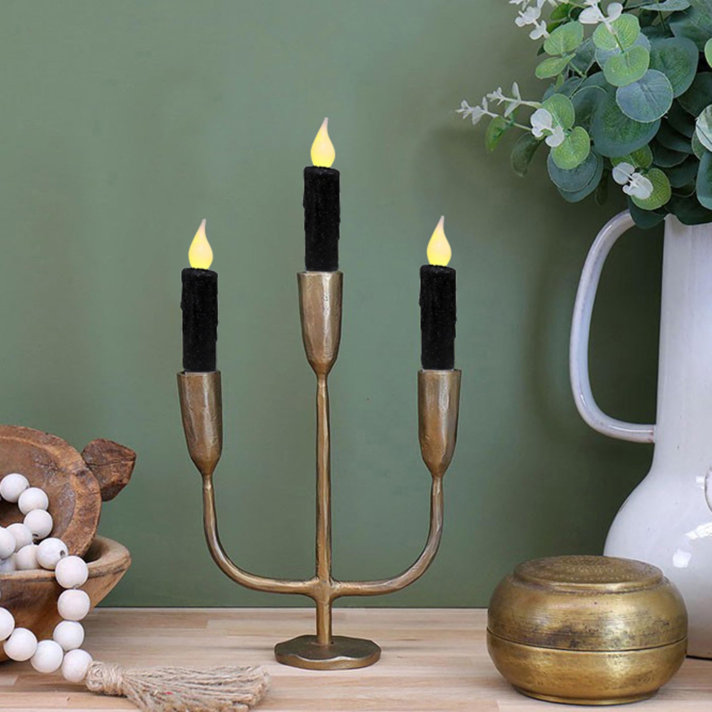 CVHOMEDECO. Glitter Flameless Candles Flickering Battery Operated LED Taper Candles with Timer for Home, Wedding, Halloween, Christmas Decor. Black, 4-3/4 Inch, Set of 3