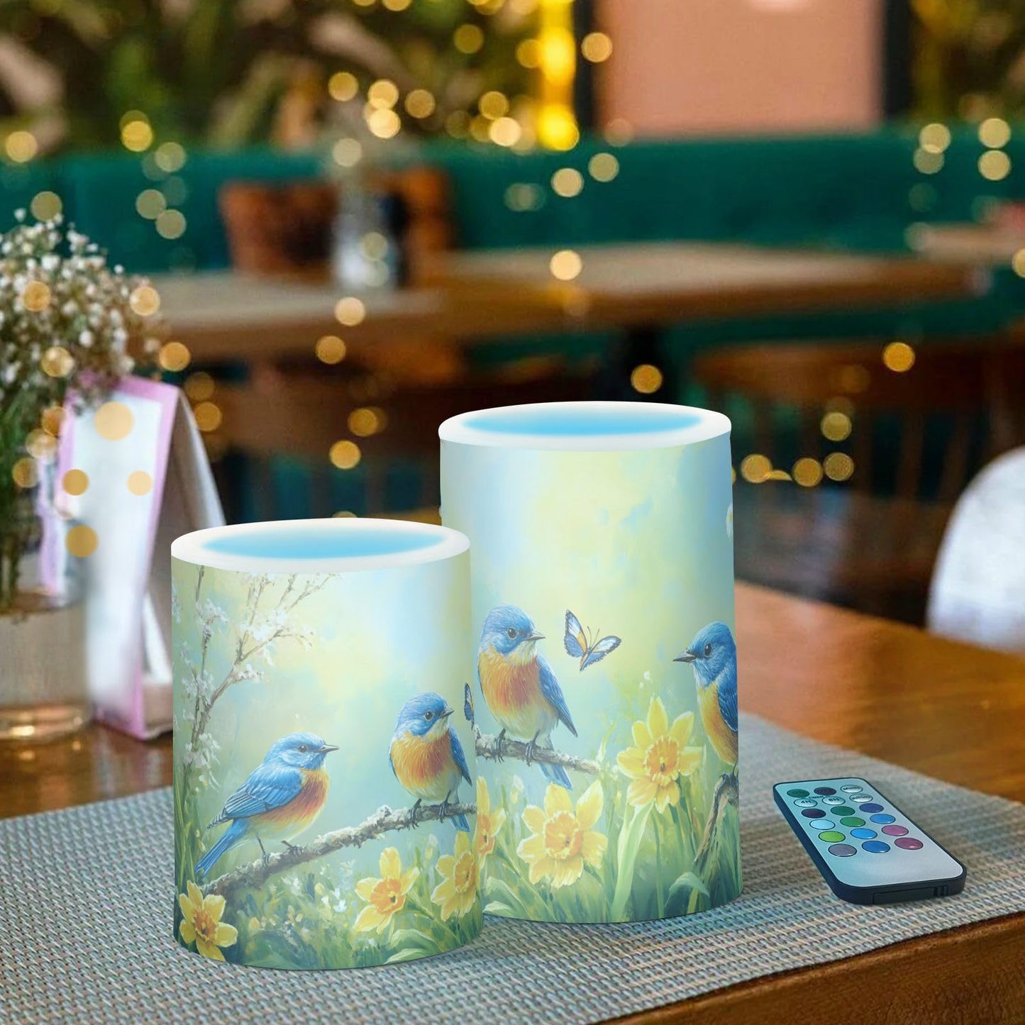 ALAZA Spring Summer Flowers Blue Bird Flickering Flameless Candles Battery Operated with Remote Timer,Tea Light Candles LED Pillar Votive Candles Set of 2 for Outdoor Indoor Decorations