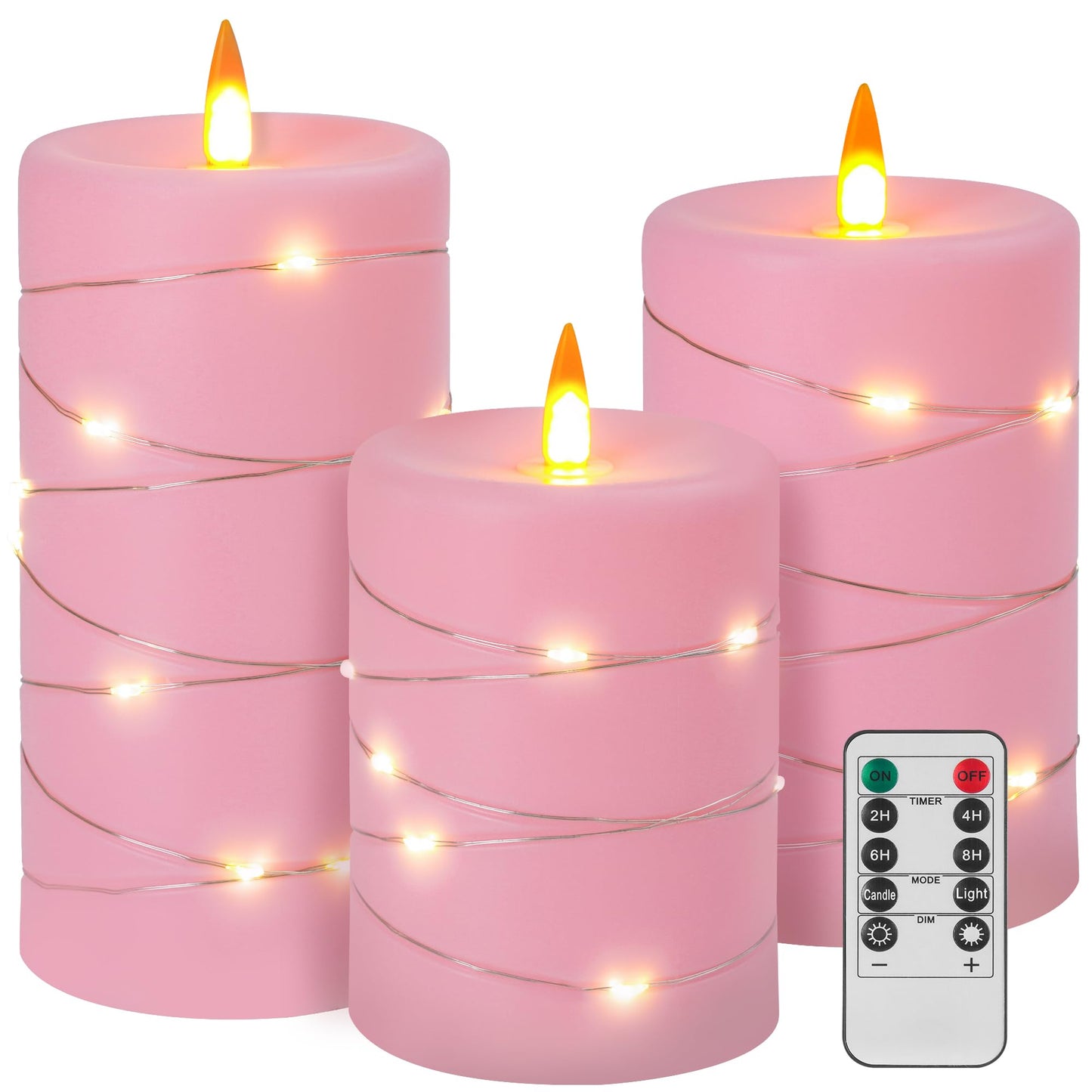 Fanzir Rose Pink Flameless Candles with String Lights Battery Operated Flickering LED Pillar Candles with Remote Control Timer, Set of 3 for Living Room, Table Décor, Christmas Weddings