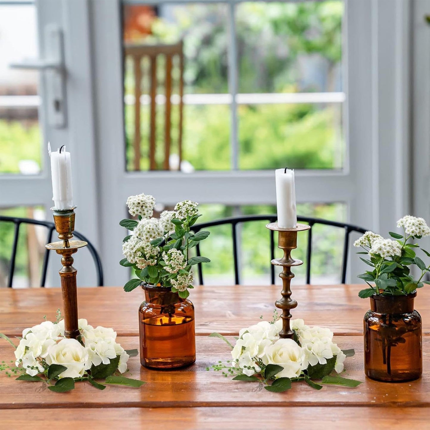 2PCS Artificial Roses Candle Rings Wreaths 4 Inch Center for Pillars Wedding Centerpiece Table Decorations Fake Rose Eucalyptus Leaves Floral Candle Ring for Holiday Party Supplies (White)