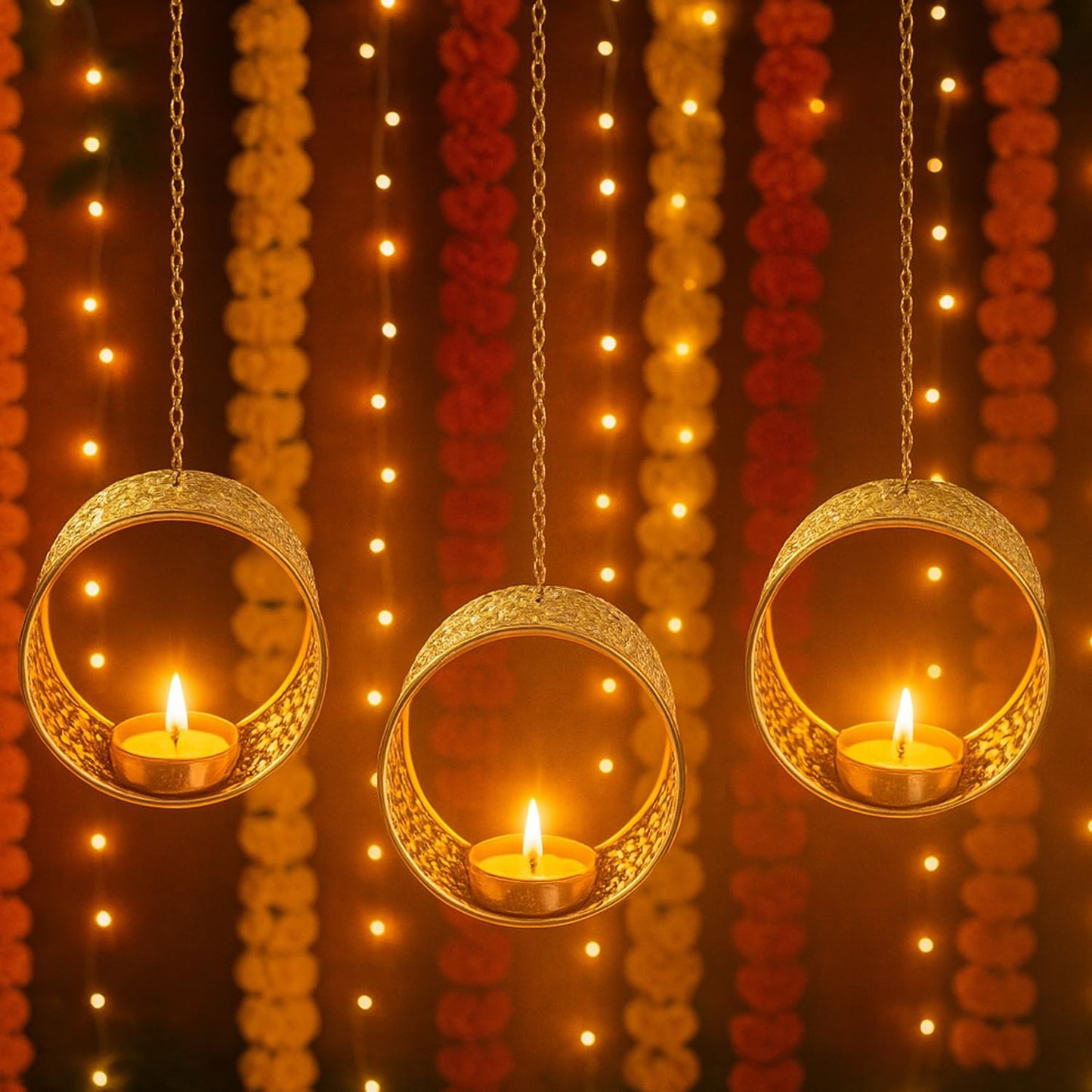 Go Hooked Hanging Round Metal Tealight Candle Holder with Chain Set of 3pcs Handcrafted Floral Cut Design Candle Stand for Diwali, Mandir, Table Décor – Matte Gold Finish Decorative Diya Holder