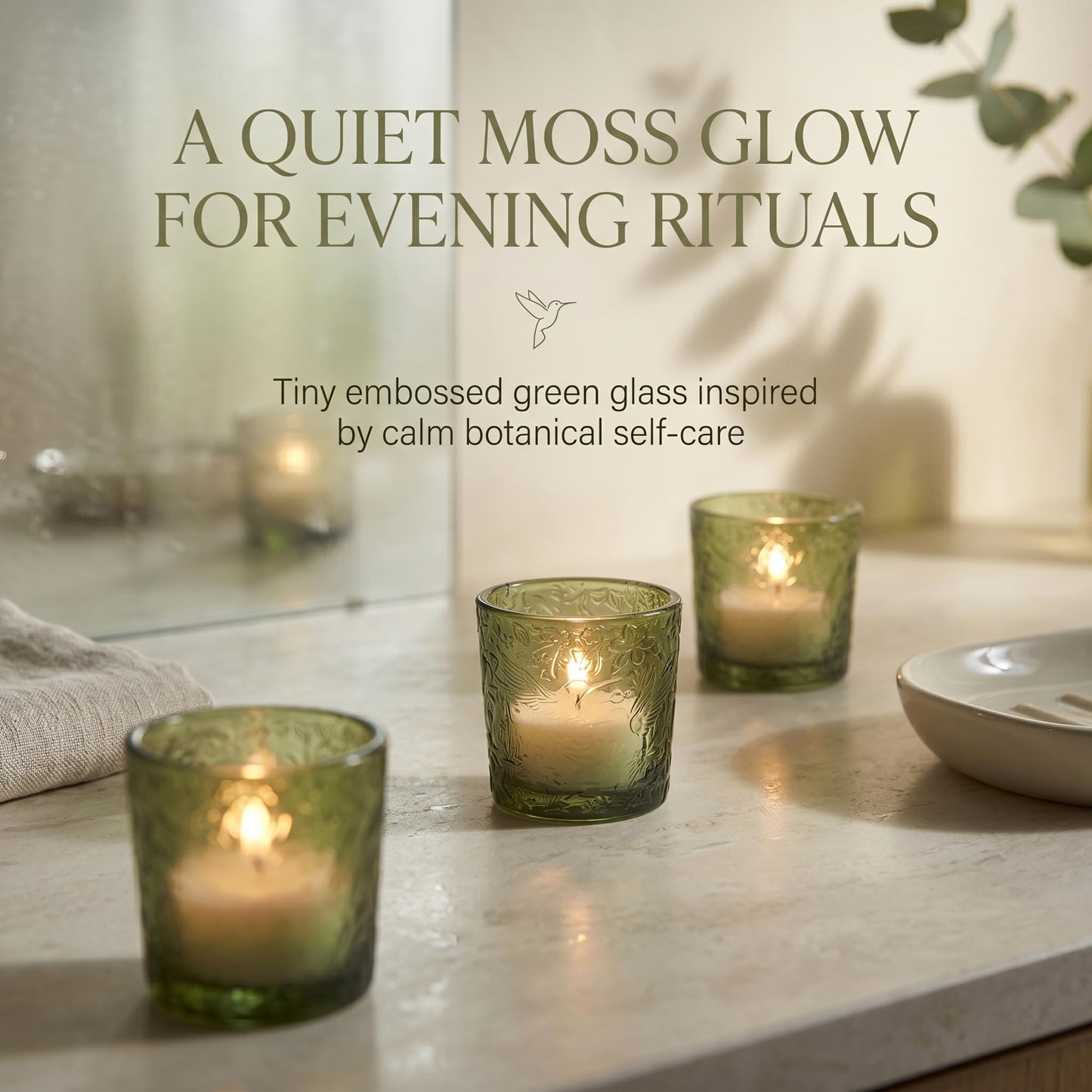 12 Pack Hummingbird Embossed Glass Candle Holders – Votive Tealight Holders with Patent Design, Decorative Embossed Glass Cups for Wedding Centerpieces, Parties, and Home Décor (Moss Green)