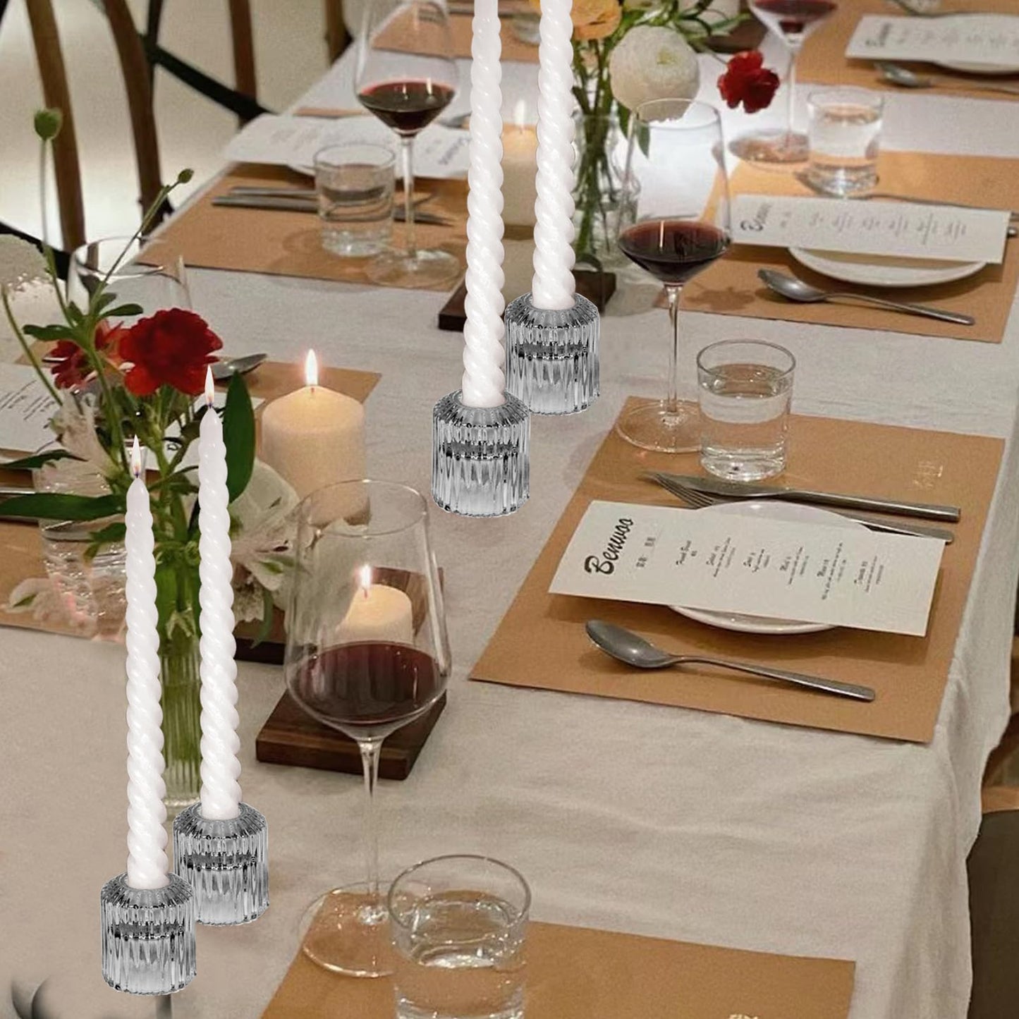 CHOCSTAY Reversible Gray Glass Candle Holder Set of 6, Thick Heat-Resistant Glass Candlestick Holders for Taper, Tealight, Votive, LED Candles, Perfect for Wedding, Party, Home Décor