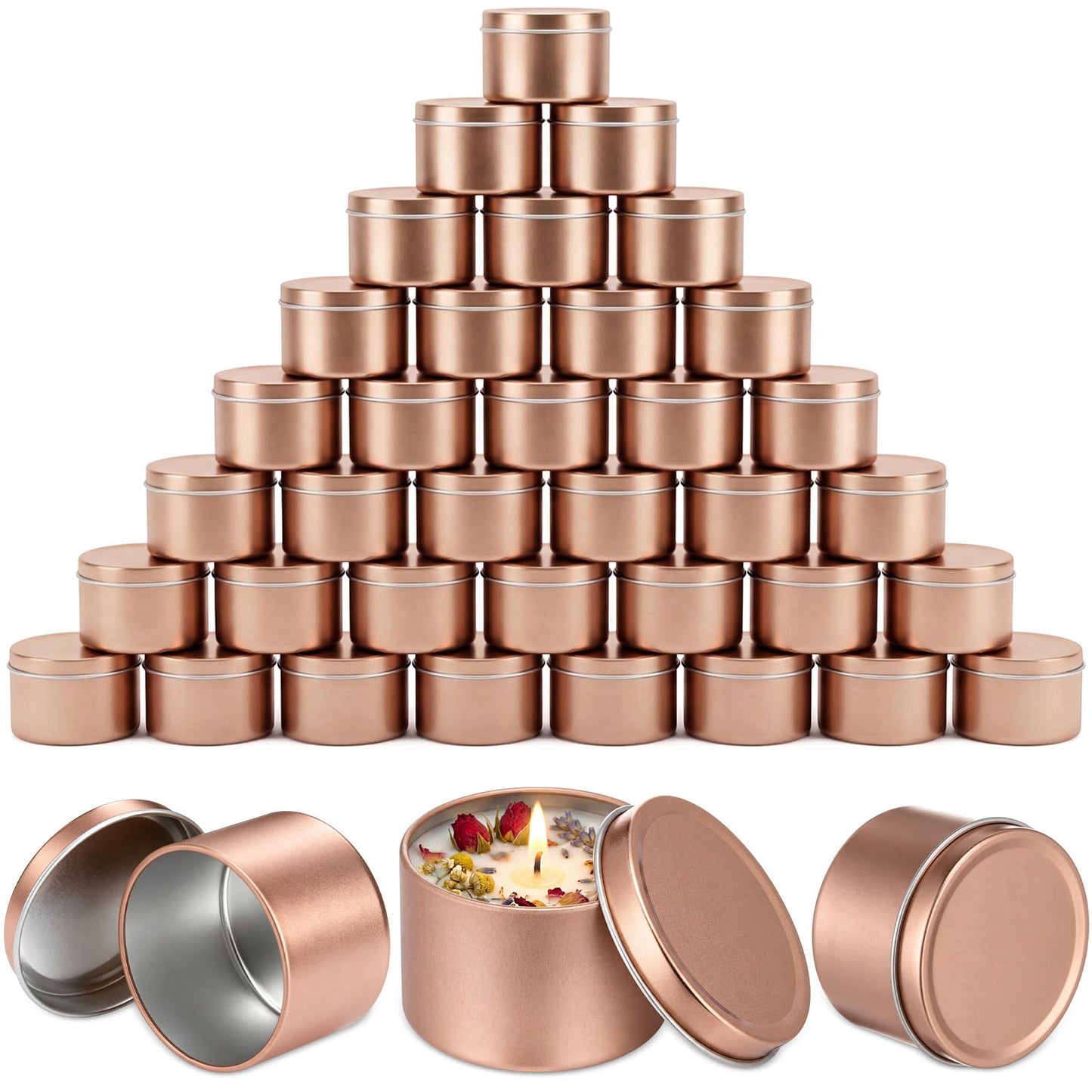 Suclain 50 Pack 4oz Rose Gold Candle Jars Bulk, Mini Empty Candle Tins with Lid for Making Candles, Candy Tins for Wedding, Candles Containers for Wedding Party DIY Crafts, Sample Storage