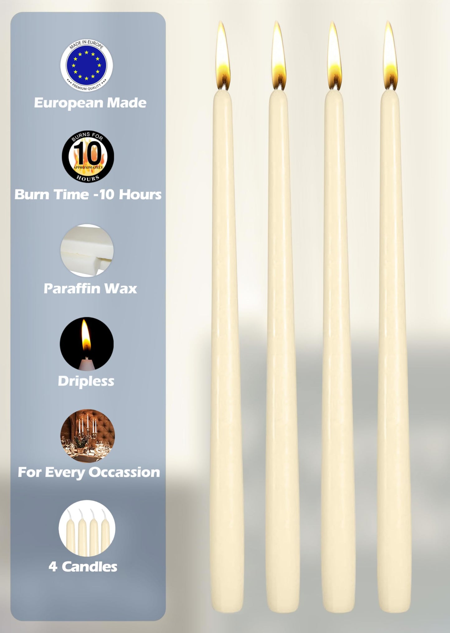 Hyoola Tall Taper Candles - 12 Inch Wool White Unscented Dripless Taper Candles - 10 Hour Burn Time - 4 Pack