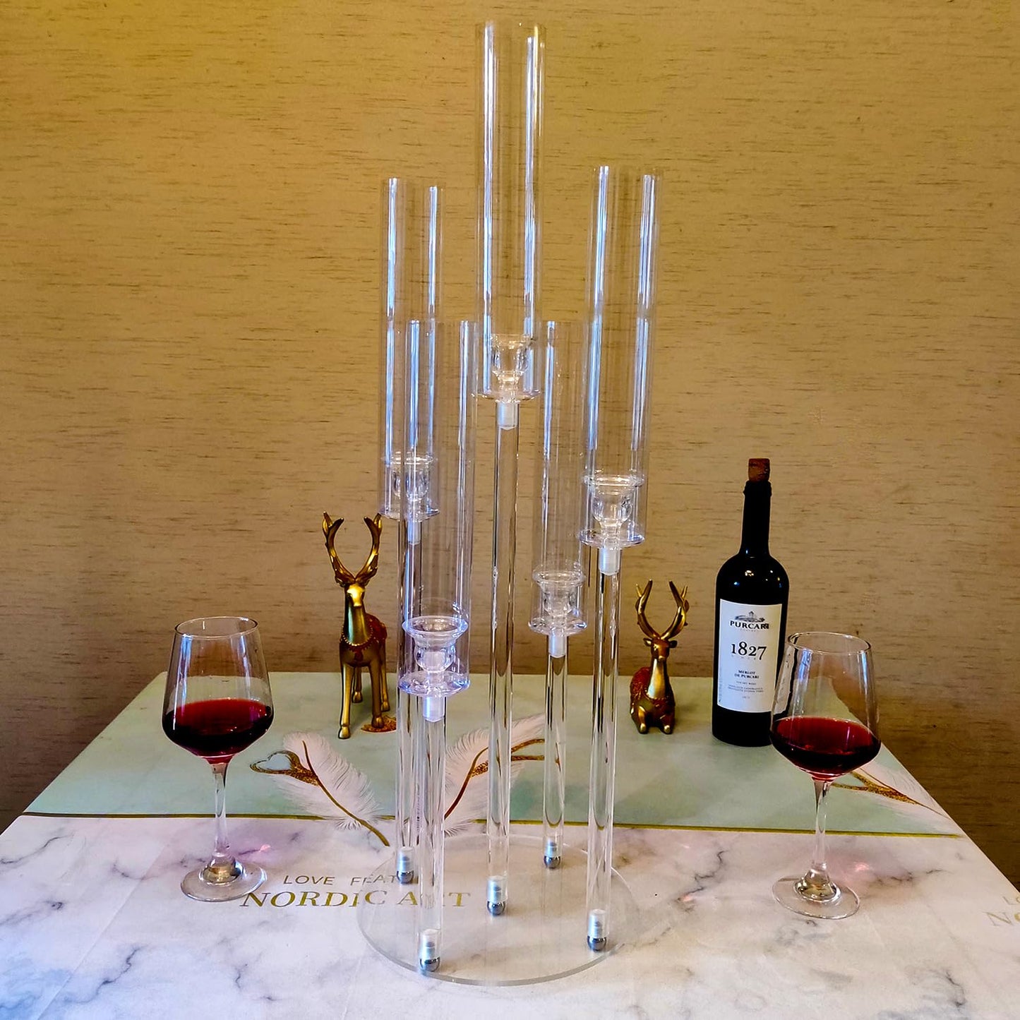 2Pcs Acrylic Candelabra Centerpieces for Wedding,Clear Crystal 5 Arm Candlesticks Holder with Acrylic Shade for Valentine's day Dinner Party Fireplace Gift Fit 0.87 LED Candle