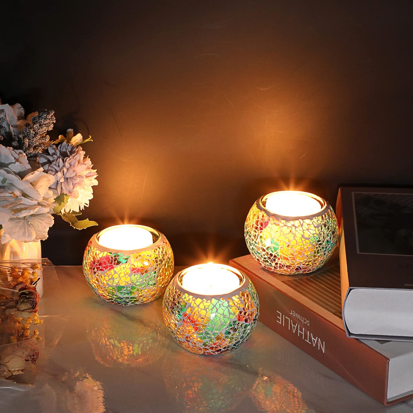 OwnMy Set of 3 Colorful Mosaic Glass Tea Light Holders Round Bowl Votive Candle Holders Pillar Candle Stands, Glass Mosaic Tealight Holders Potted Plant Bowl Vase Candle Centerpiece for Table Wedding