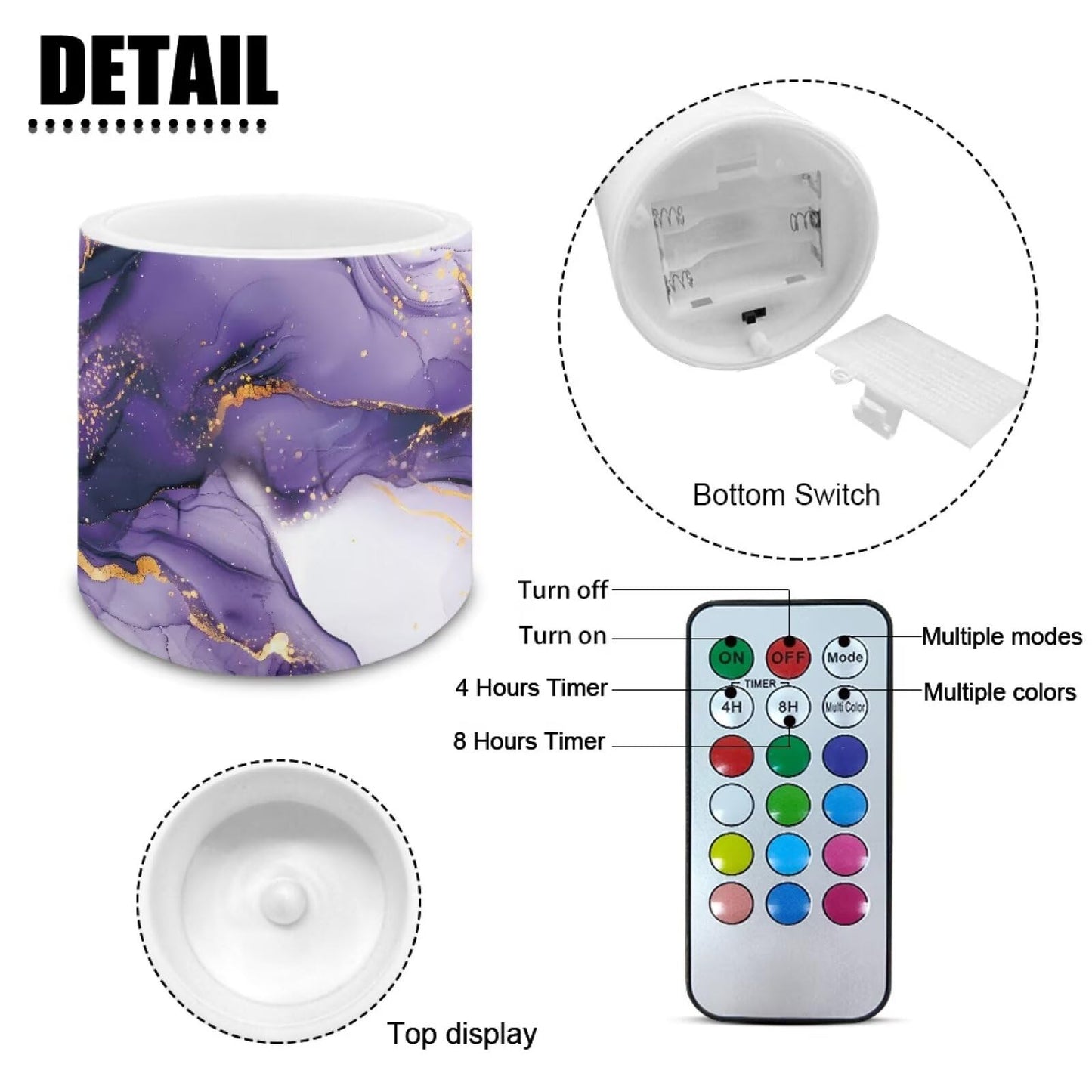 NETILGEN Purple Marble Print 3 inch Flickering Color Changing LED Candles Set of 4 Flameless Eletric Pillar Candles with Remote Timer Control Home Party Decor