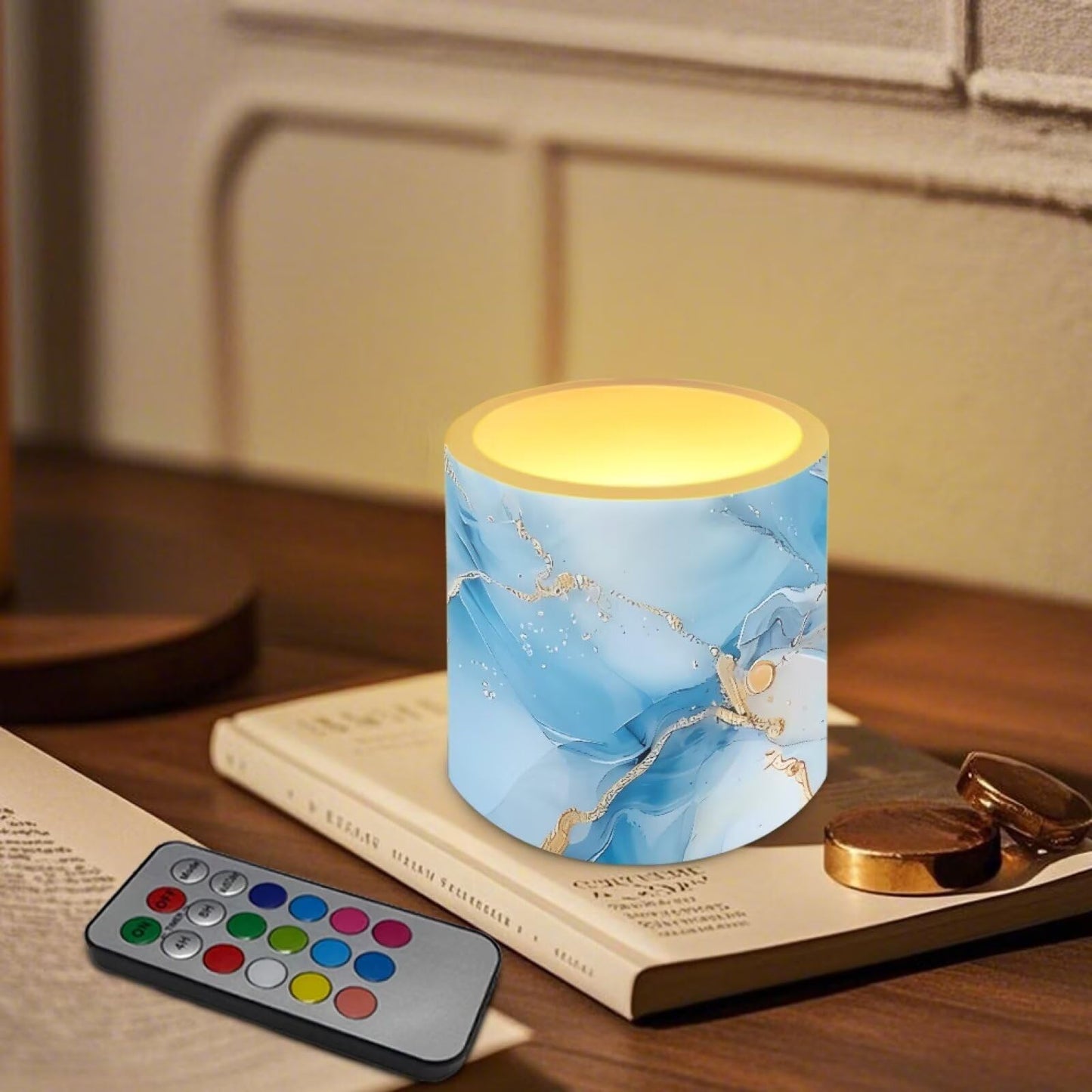 Cozeyat Turquoise Marble LED Candles Set of 4 Battery Powered Flameless with Remote Timer Dancing Flame Waterproof for Home Garden Table Use