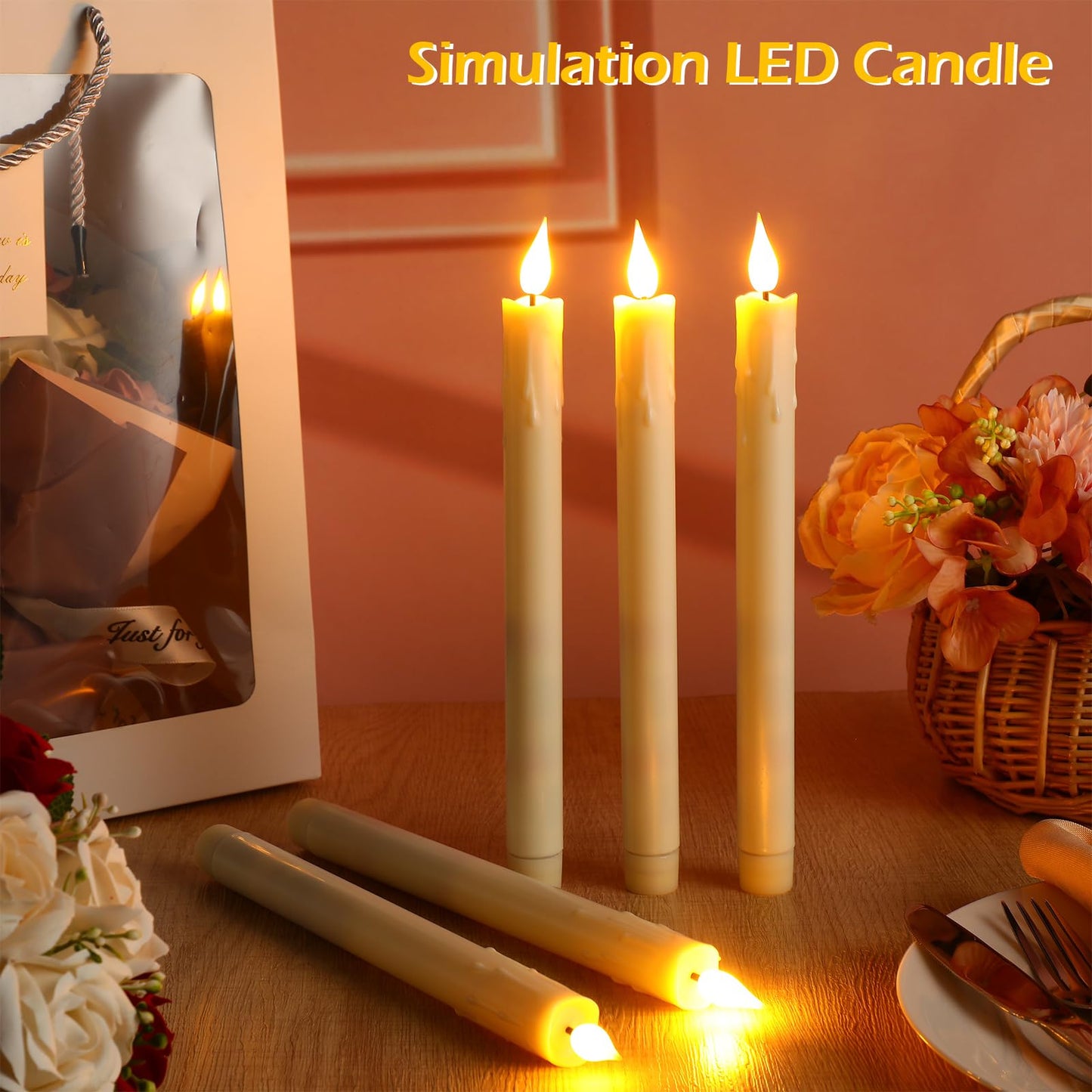 Baquler 24 Pcs 10 Inch Ivory Flameless Taper Candles LED Candle Sticks Battery Operated Flickering LED Candlestick Window Plastic Candle for Wedding Halloween Christmas Decor(No Battery)