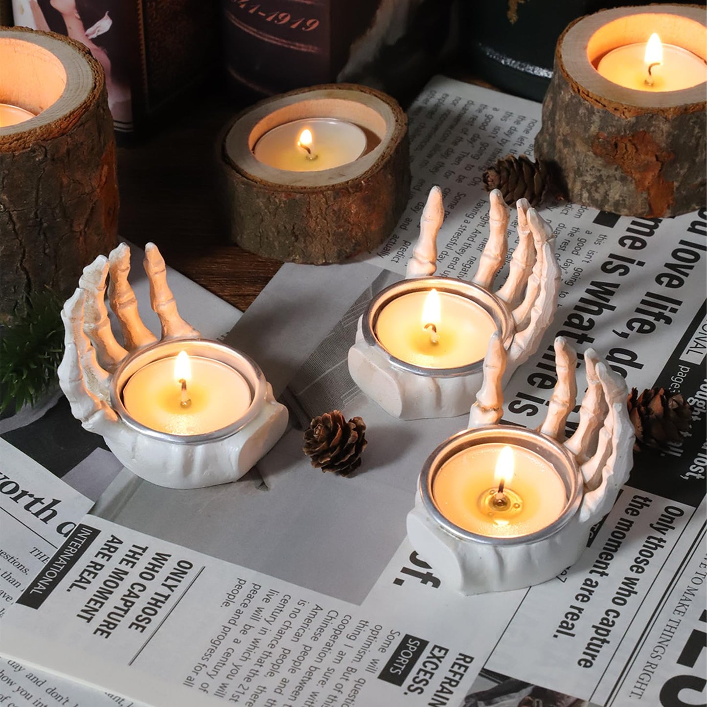 3pcs Gothic Skeleton Hand Tea Light Candle Holders, Halloween Candle Holders, Horror-Themed Spooky Home & Halloween Decorations