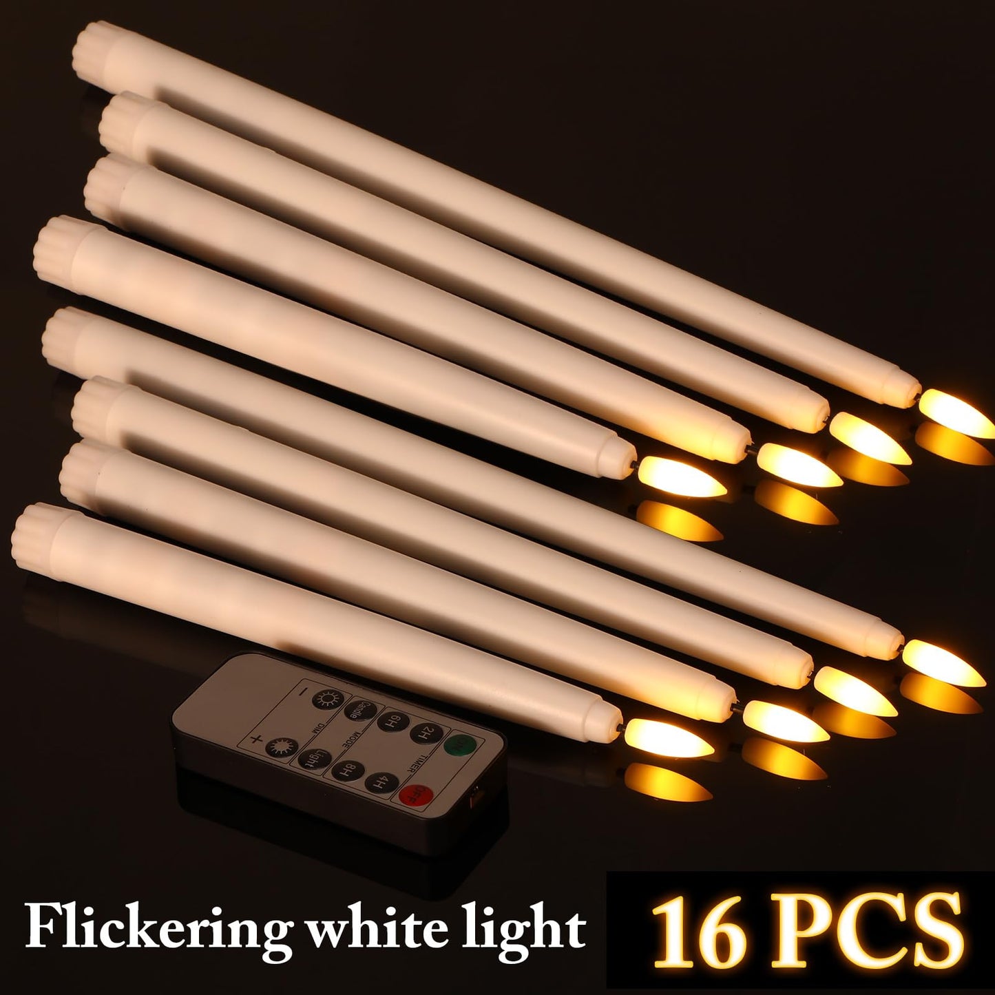 Rossesay 16 Pcs White Flameless Taper Candles Battery Operated Candles with Remote Timer 8.5" 9.6" 10.8" 12.8" Multiple Sizes White LED Flickering Candlestick for Wedding Party Centerpieces Decor