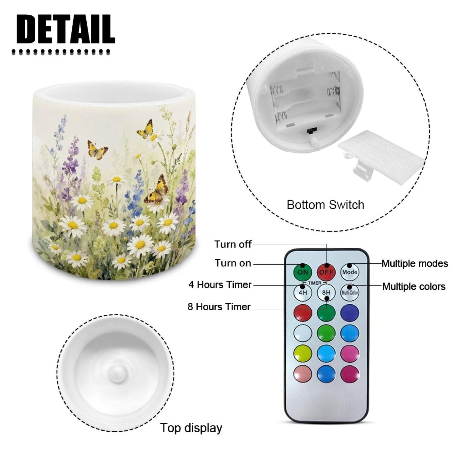 Merkmak Battery Operated Flameless Candles with Remote and Timer Daisy Butterfly LED Pillar Candles for Banquet, Gathering, Home Decoration Battery Tealights