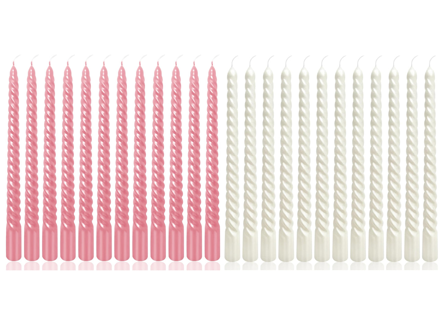 10 Inch Metallic Spiral Taper Candles Set, 12 Pack Pink and 12 Pack White Unscented Candlesticks, Dripelss Twisted Candles for Wedding Dinner Holiday