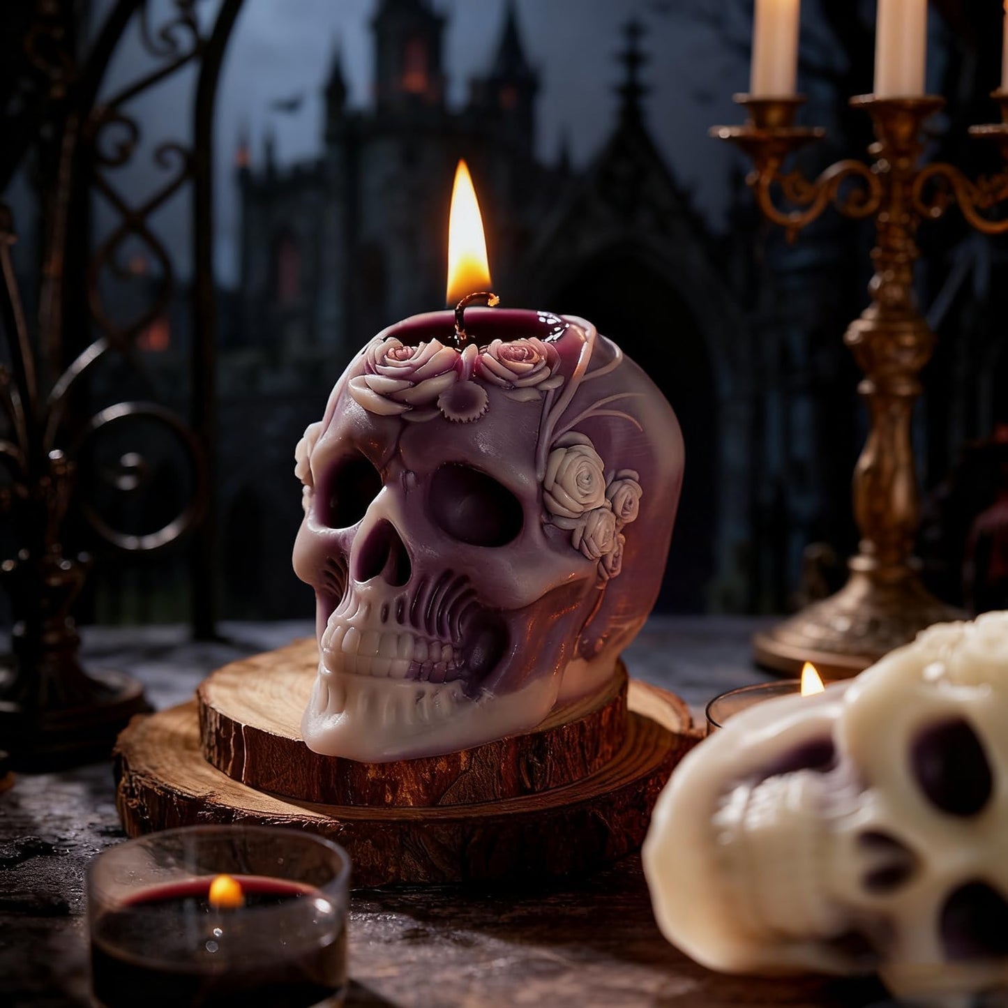 Sungmor Purple Skull Shaped Candles - Halloween Decor, Day of the Dead Gifts, Gothic Home Decor Candles, Unique Scented Candle for Spooky Ambiance, Set of 2, 100% Natural Soy Wax Decorative Candle