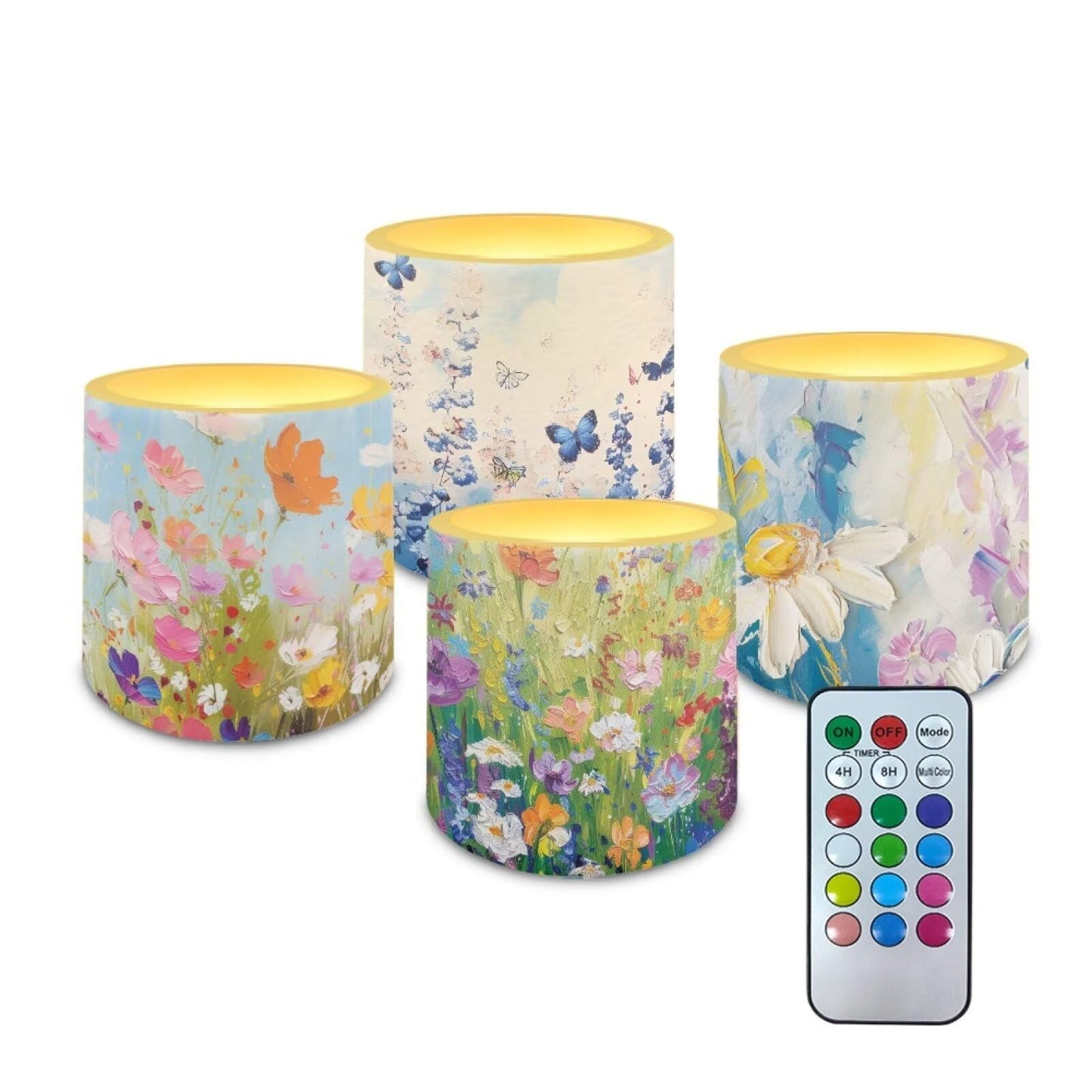 NETILGEN 3 inch Flameless LED Candles with Remote Timer Set of 4 Watercolor Daisy Floral Print Realistic Flickering Flameless Candles with Battery Powered