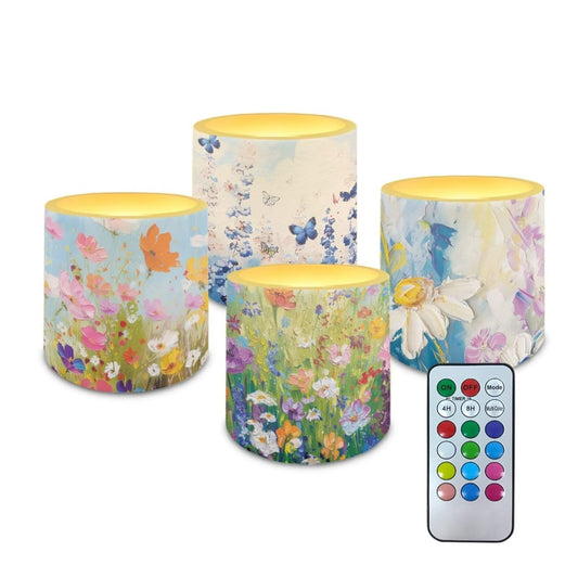 NETILGEN 3 inch Flameless LED Candles with Remote Timer Set of 4 Watercolor Daisy Floral Print Realistic Flickering Flameless Candles with Battery Powered