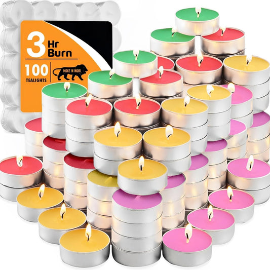 100 Pieces Tealight Candles for Diwali/Smokeless & Dripless Candle/3-Hour Long Burning Time Each/Paraffin Wax Unscented Tealight Candles for Home/Wedding/Home Decor/Emergencies (Multicolor)
