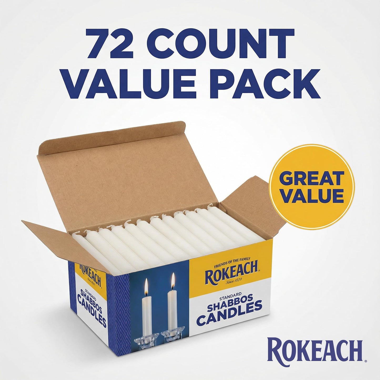Rokeach Standard Shabbat Candles, 72 Count | White Paraffin Wax Sabbath Candles | 3-Hour Burn Time