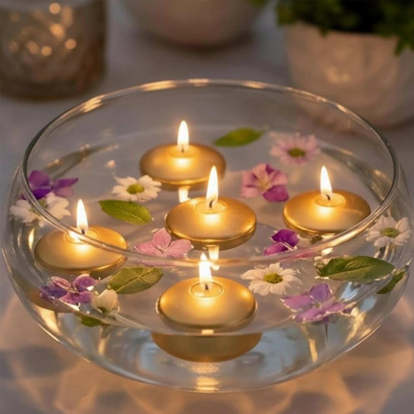 GINITIRI 2 inch Gold Floating Candles, 48 Pack Unscented Floating Candles for Centerpieces,5-6 Hours Water Activated Candle Bulk for Cylinder Vases Wedding Pool