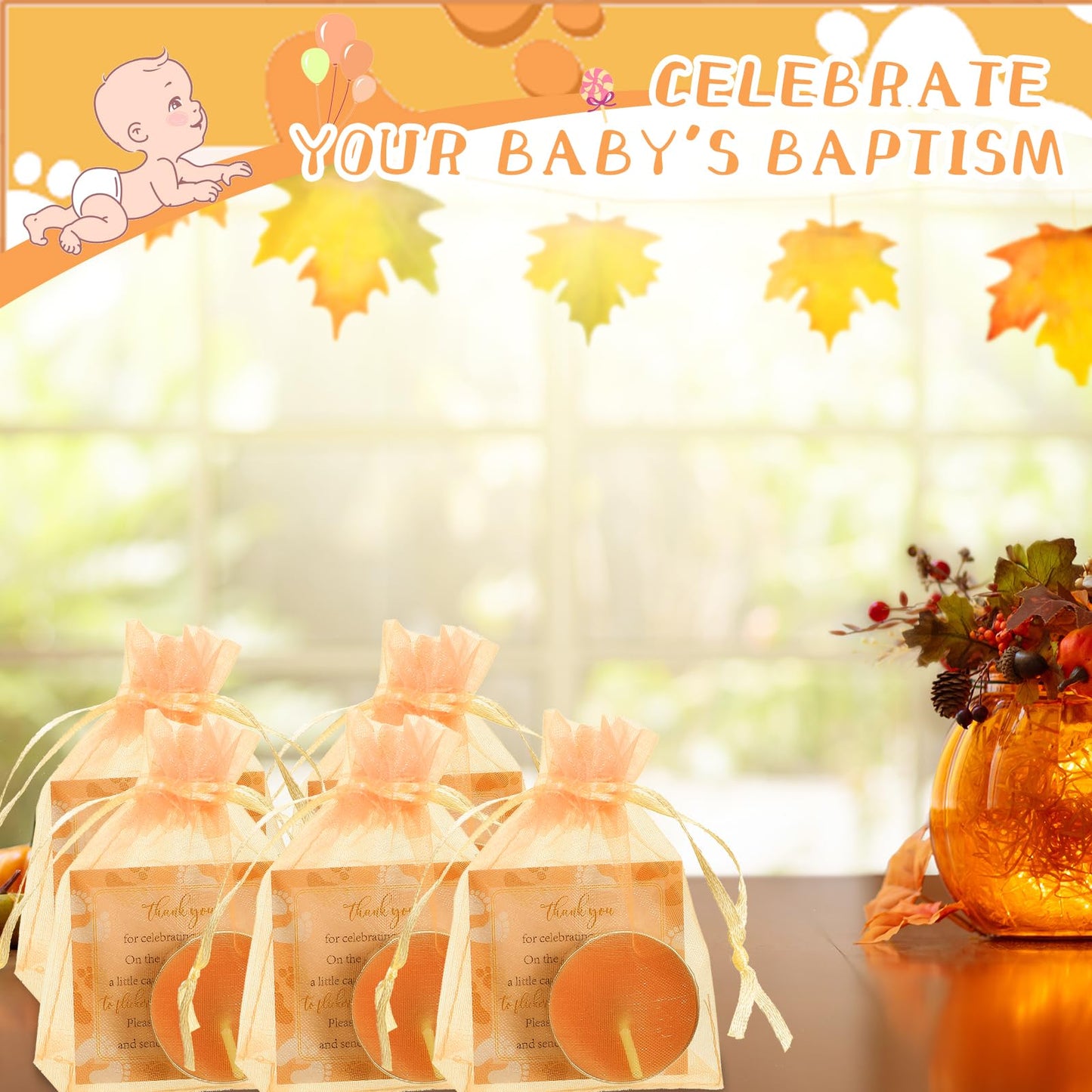 50 Sets Baby Shower Party Favors Including 50 Pcs Unscented Tealight Baby Shower Candles Gift Bags Cards for Gender Reveal Party Supplies(Orange)