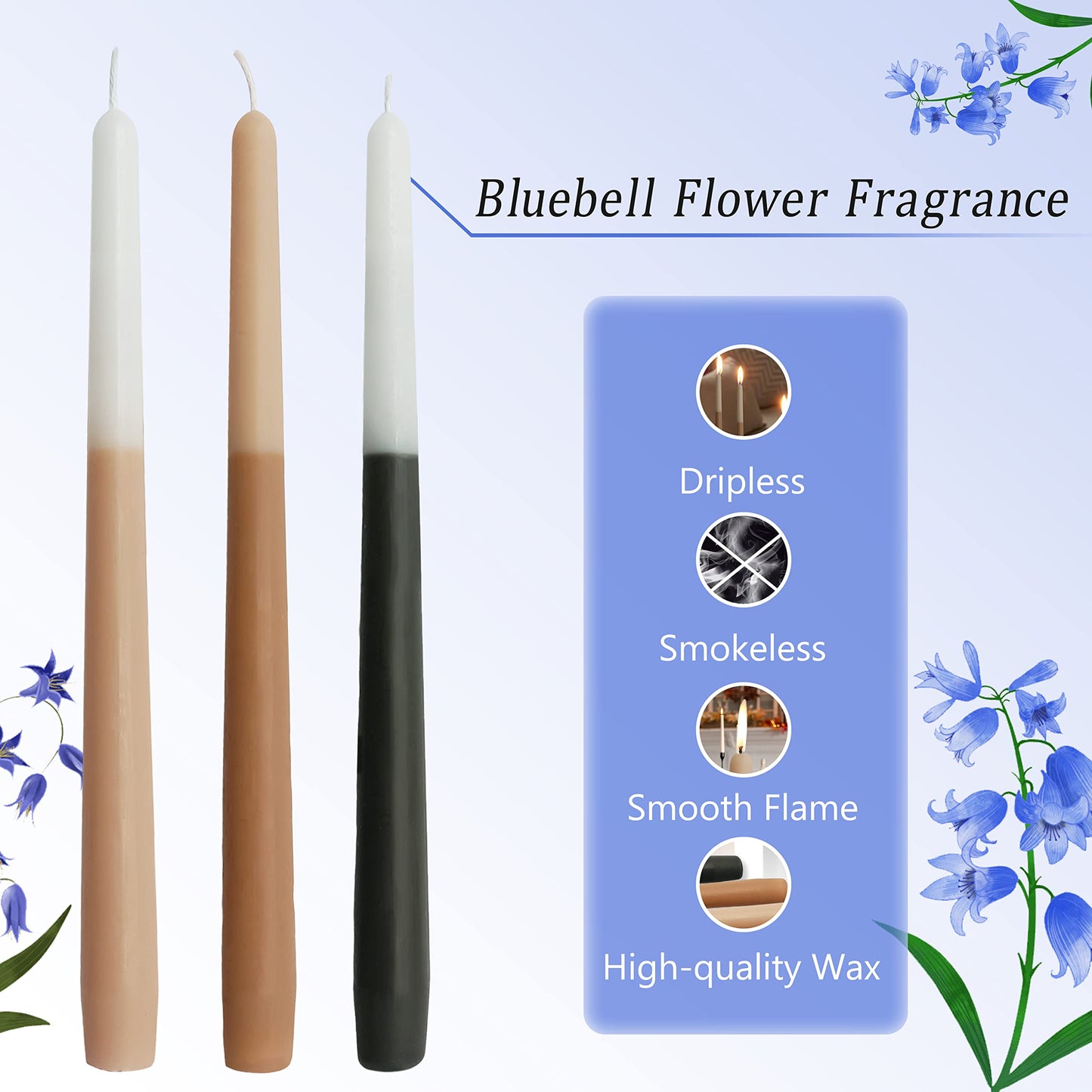 10 Inch Taper Candles Set of 6, Bluebell Scent Handmade Brown Beige Black Color Block Tapered Candles, Candle Stick Dinner Candles for Wedding Candlesticks