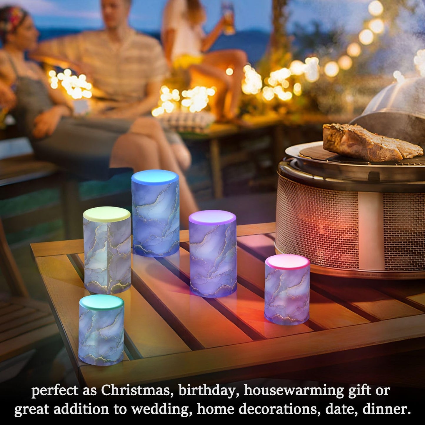 zyrtty 2 Pack Plastic Flameless Candles Gold Blue Purple Wild Marble Battery Operated with Remote and Timer Real Wax LED Flickering Pillar Candles Set Window Christmas Holiday Decor