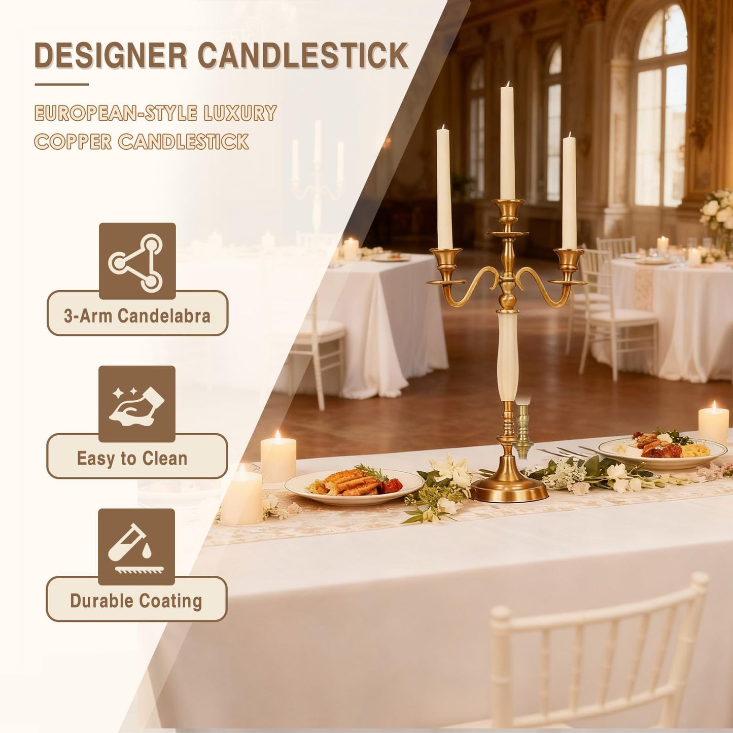 3 Arms Brass Plated Metal Candelabra Candle Stand Candlestick Holder for Wedding Dining Table Christmas Party and Indoor Home Decoration