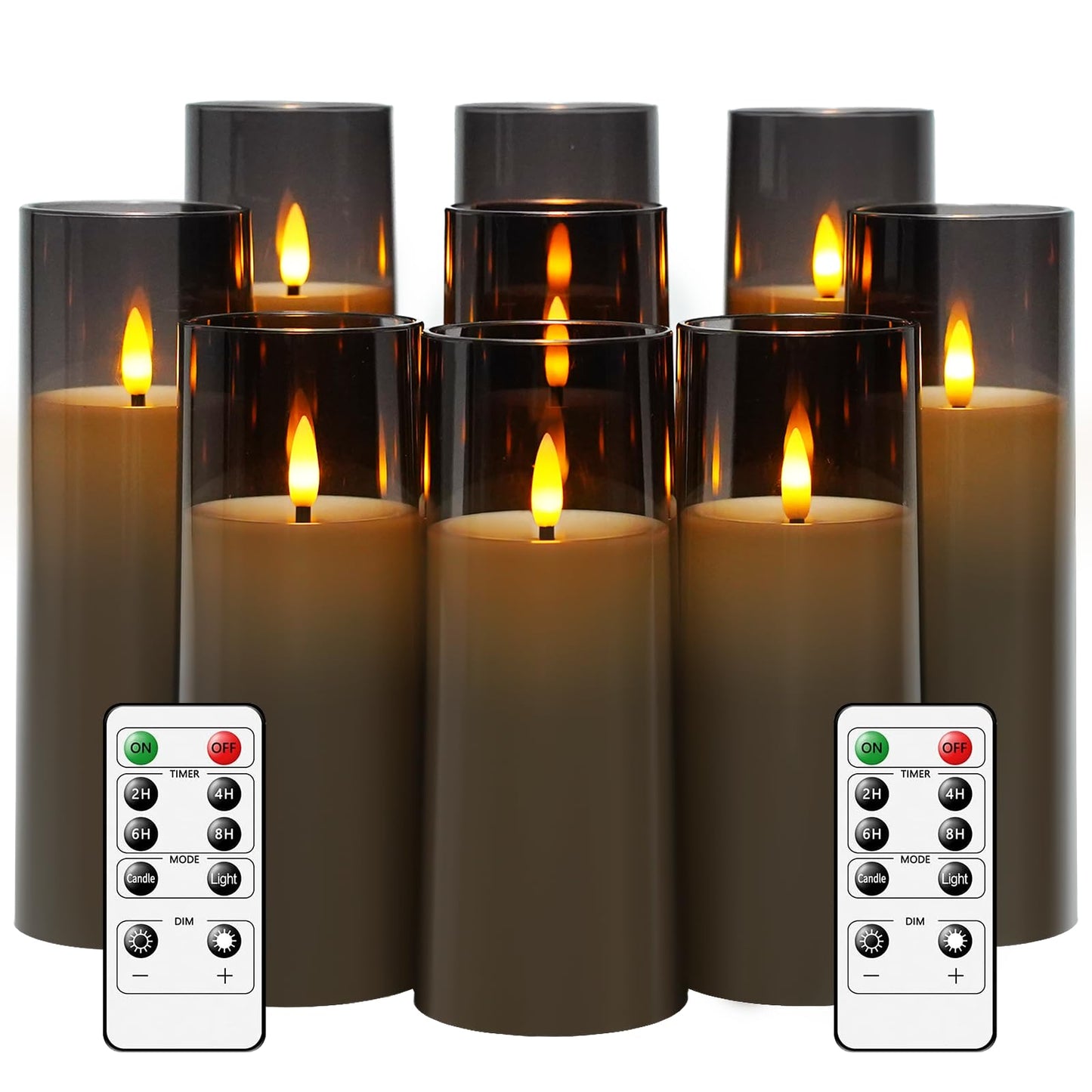 kakoya Flickering Flameless Candles Battery Operated with Remote and 2/4/6/8 H Timer Plexiglass Led Pillar Candles Pack of 9 (D2.3 xH5.5 6.5" 7.5") with Realistic 3D Wick Candles for Home Decor(Grey)