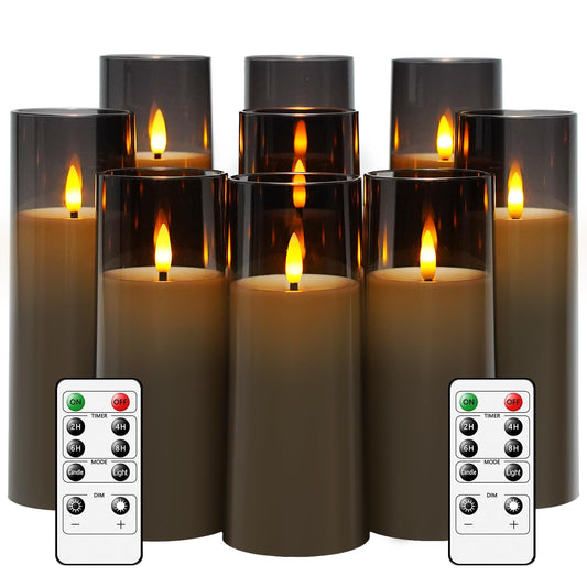 kakoya Flickering Flameless Candles Battery Operated with Remote and 2/4/6/8 H Timer Plexiglass Led Pillar Candles Pack of 9 (D2.3 xH5.5 6.5" 7.5") with Realistic 3D Wick Candles for Home Decor(Grey)