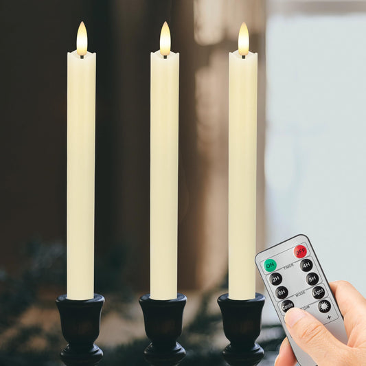AFINETH Flameless Taper Candles with Rmote, 9.6" Real Wax Battery Operated Candles with 3D Wick, 3 Pack Led Flickering Candlesticks, Electric Candle for Home, Wedding, Party Decor, Ivory