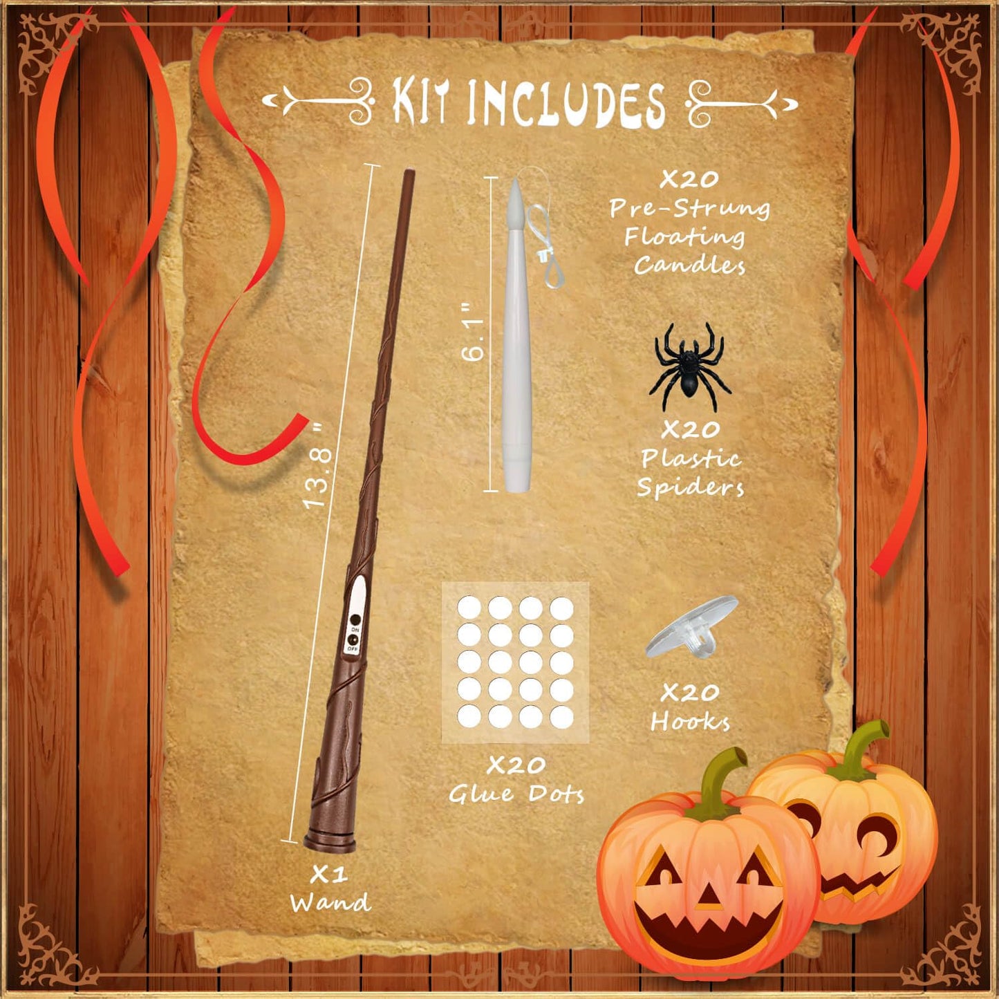 Knoste 20pcs Floating Candles with Wand Remote & Realistic Halloween Plastic Spiders, Battery Operated Hanging Flameless Taper Candles, Flickering Warm Light, Party Decor, Birthday Gift