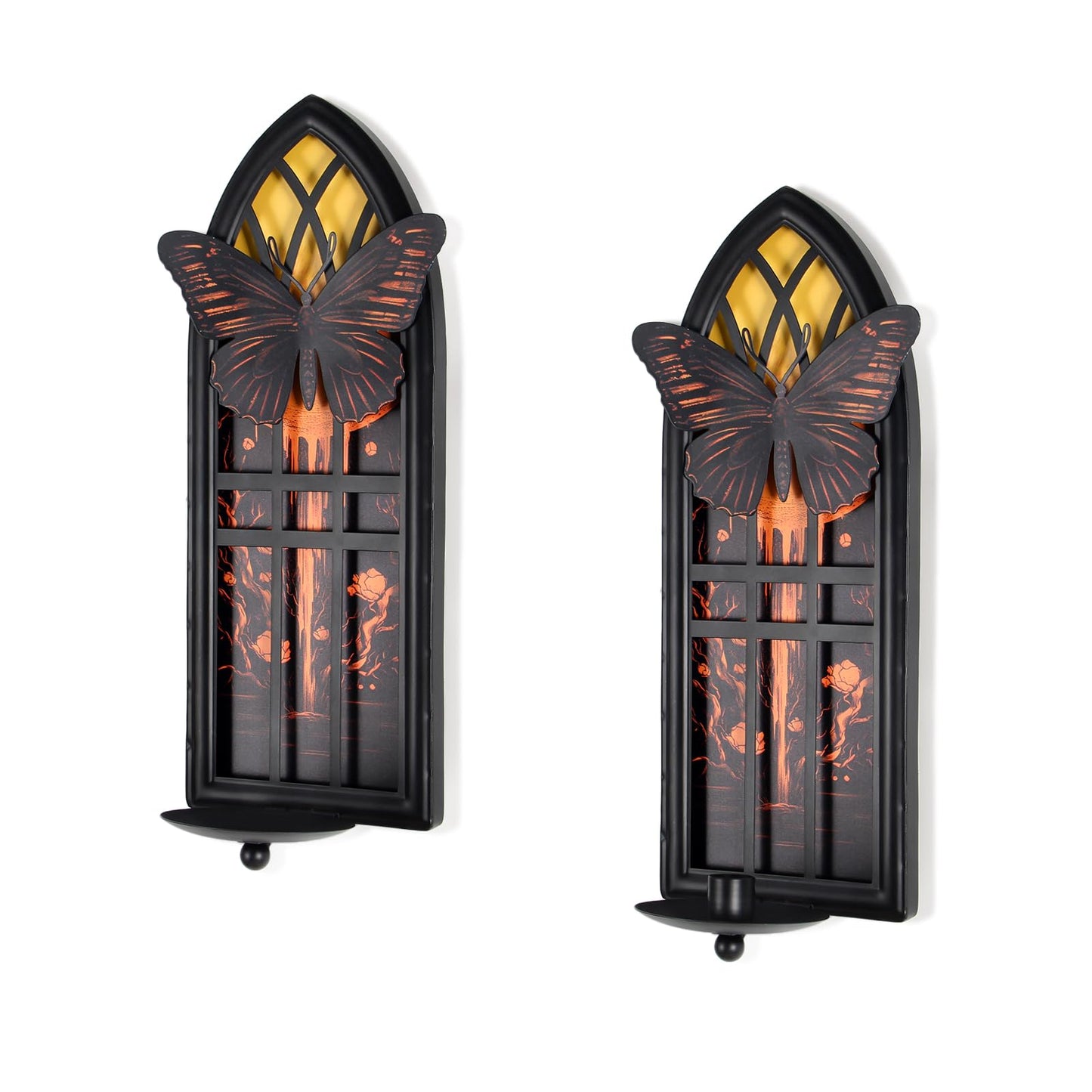 AimtoHome Gothic Wall Candle Sconces Set of 2, Butterfly and Moon Iron Wall Mounted Candelabra Holder with Removable Trays for Taper & Pillar Candles, Romantic Garden & Boho Home Decor
