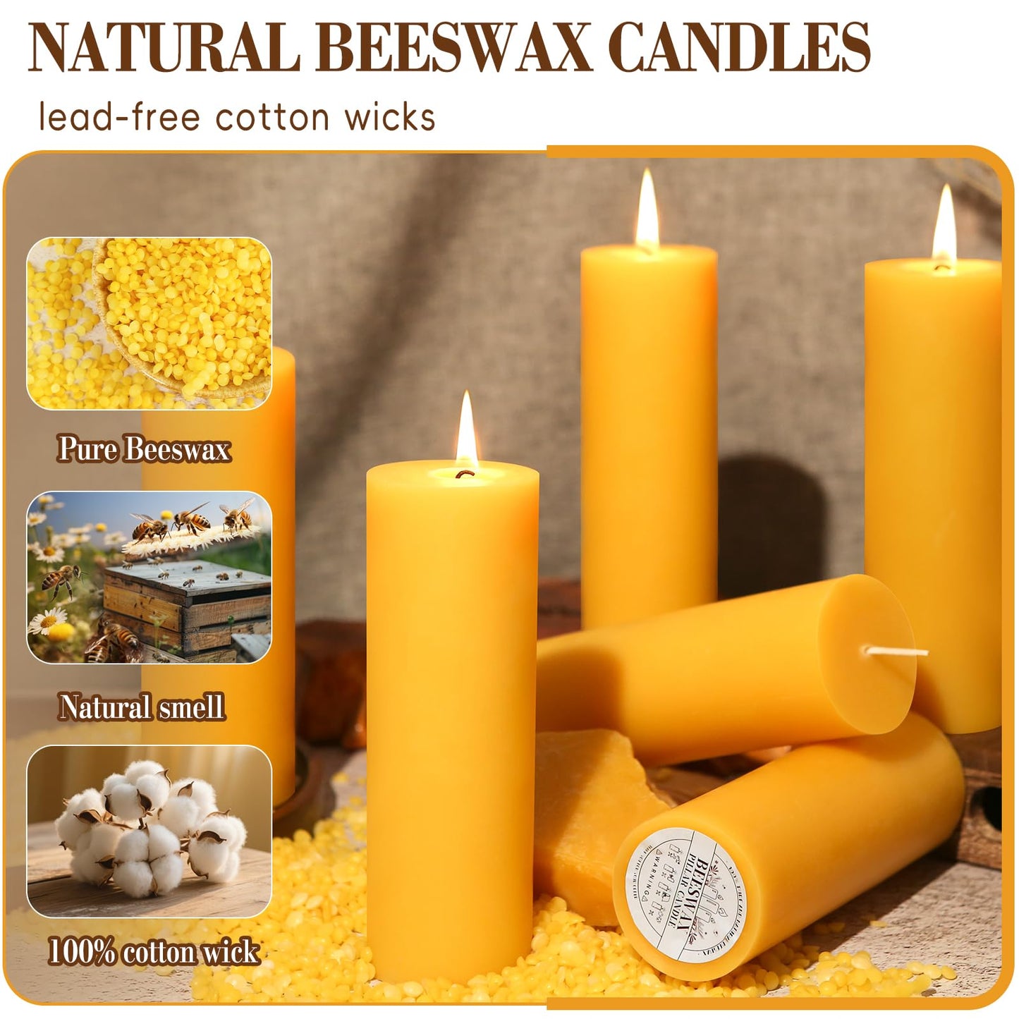 3 Pack Natural Beeswax Pillar Candles 2x6in,360 Hours Long Burning Unscented Beeswax Candles,100% Pure Bees Wax Candles for Home,Emergency,Dripless Pillar Candle Bulk