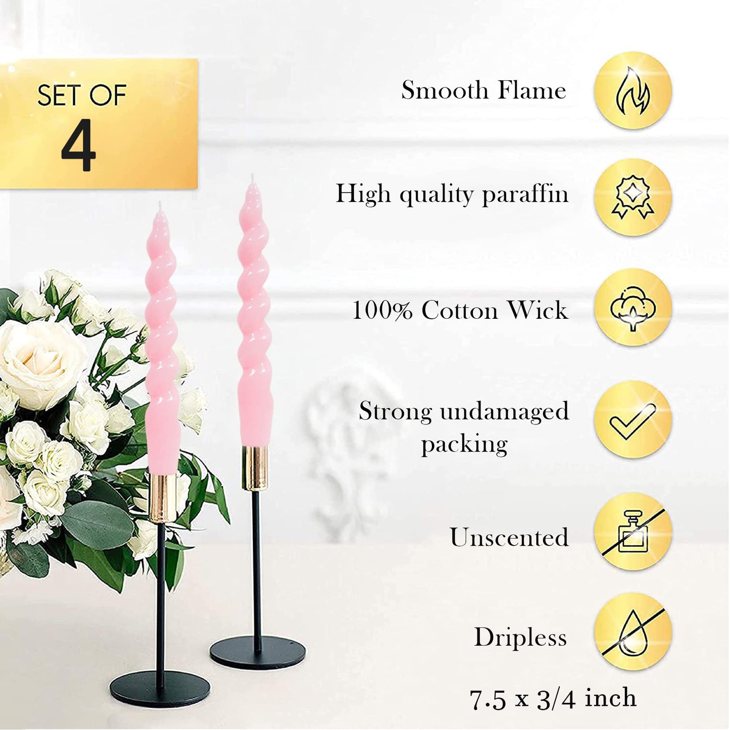 MAITREYA Pink Spiral Taper Candles - Handmade Twisted Conical Candles, Set of 4 for Decoration, Weddings, Parties, Church - Unscented, Dripless, 7.5 inch (Baby Pink)